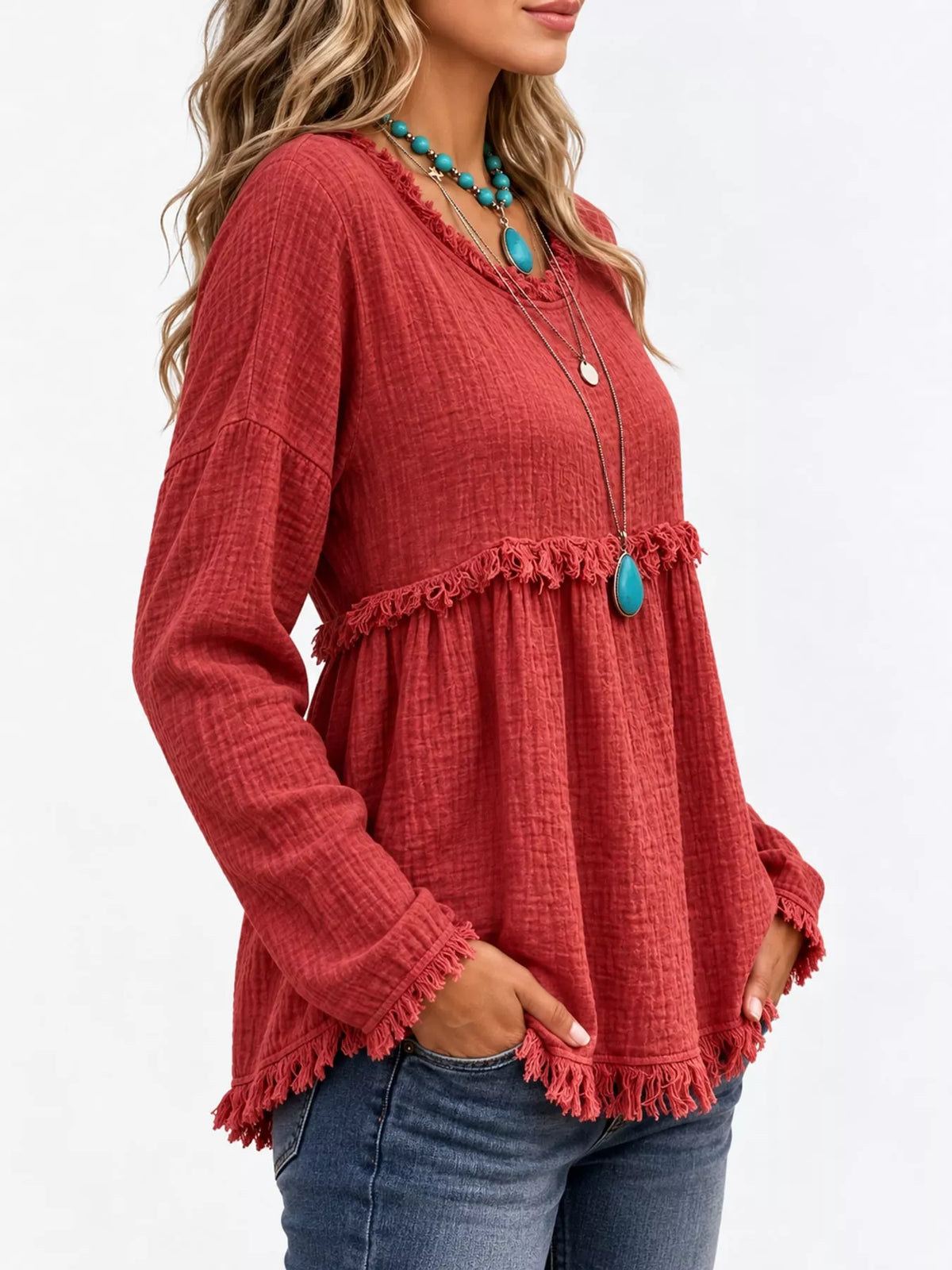 Red frayed hem textured blouse, front view