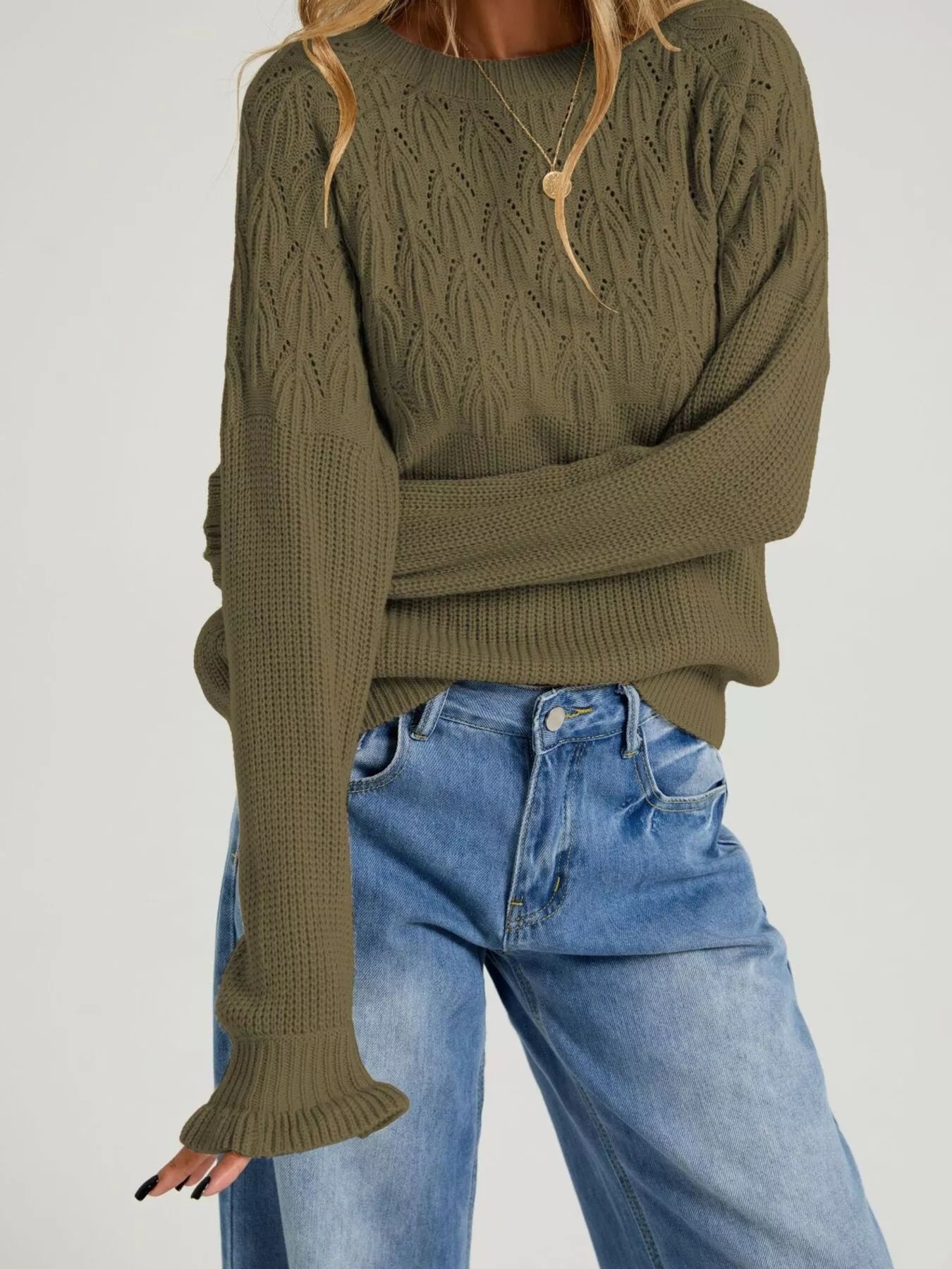 Trendsi Pointelle Knit Round Neck Sweater -