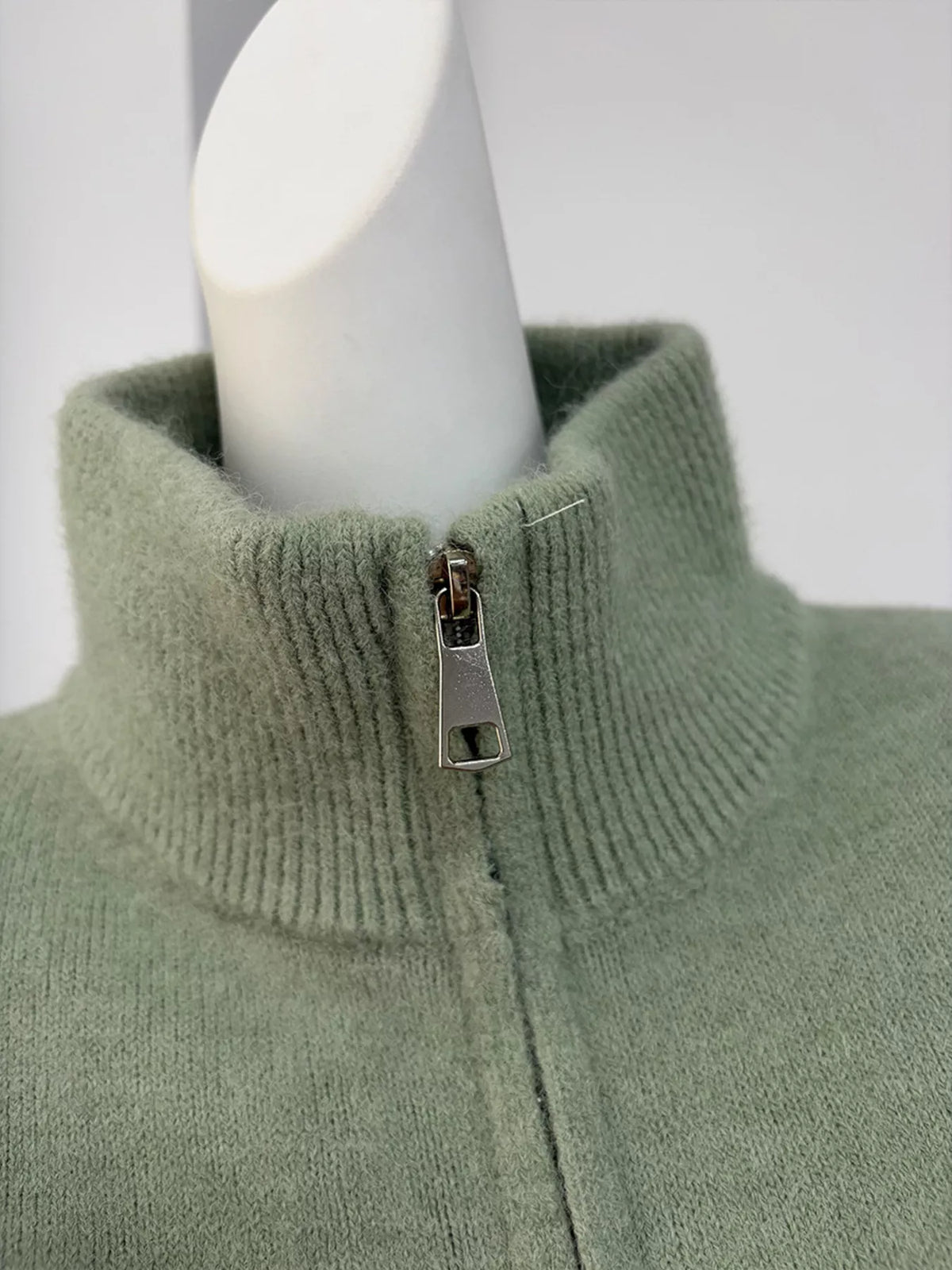 Zip-up cardigan and midi skirt knit set in sage green, collar and zipper detail