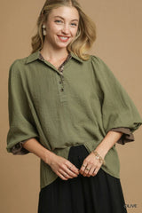Trendsi Umgee Half Button Blouse with Leopard Print Trim -