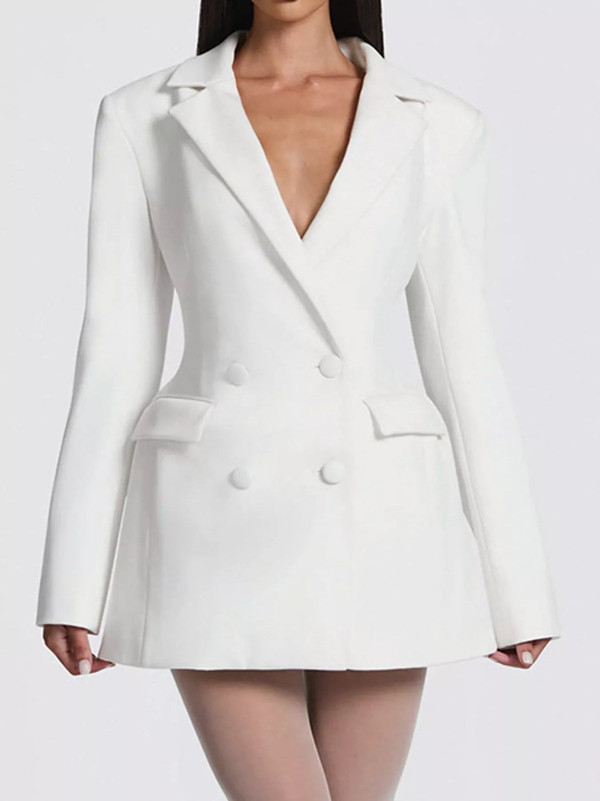 White double-breasted blazer dress — design and construction details