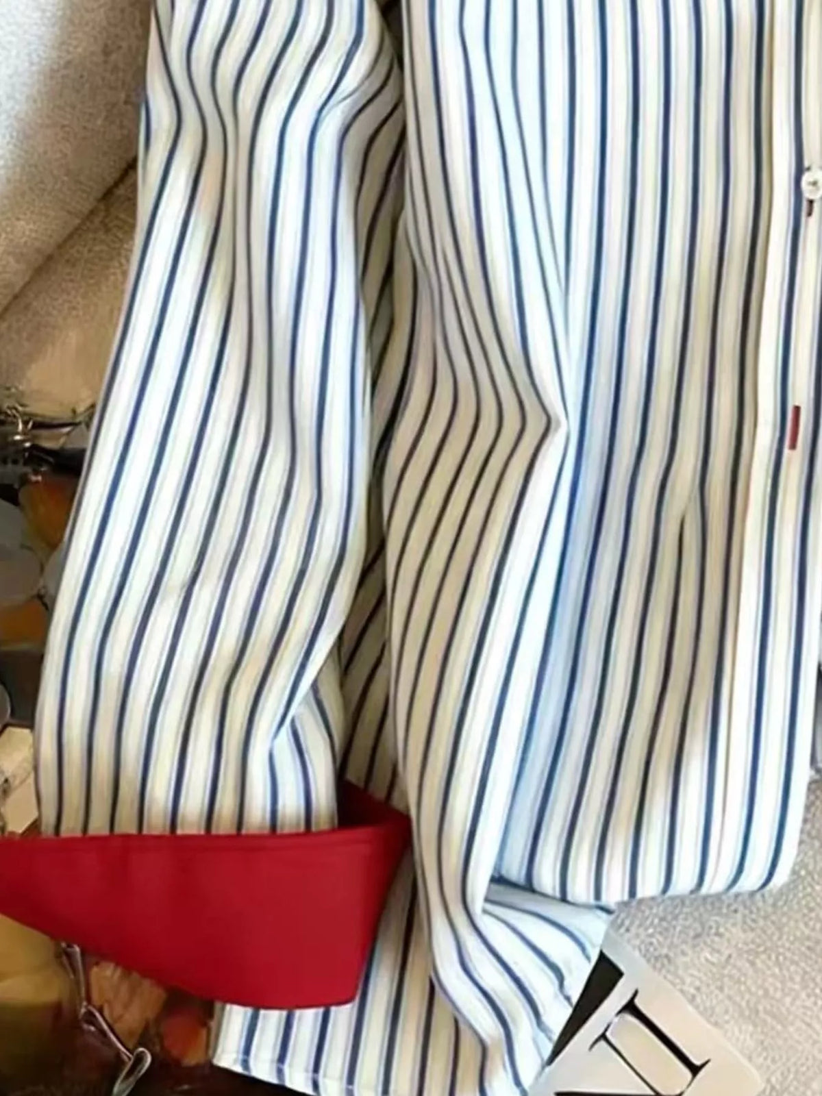 Contrast Trim Striped Long Sleeve Shirt, detail view in red-trimmed stripes