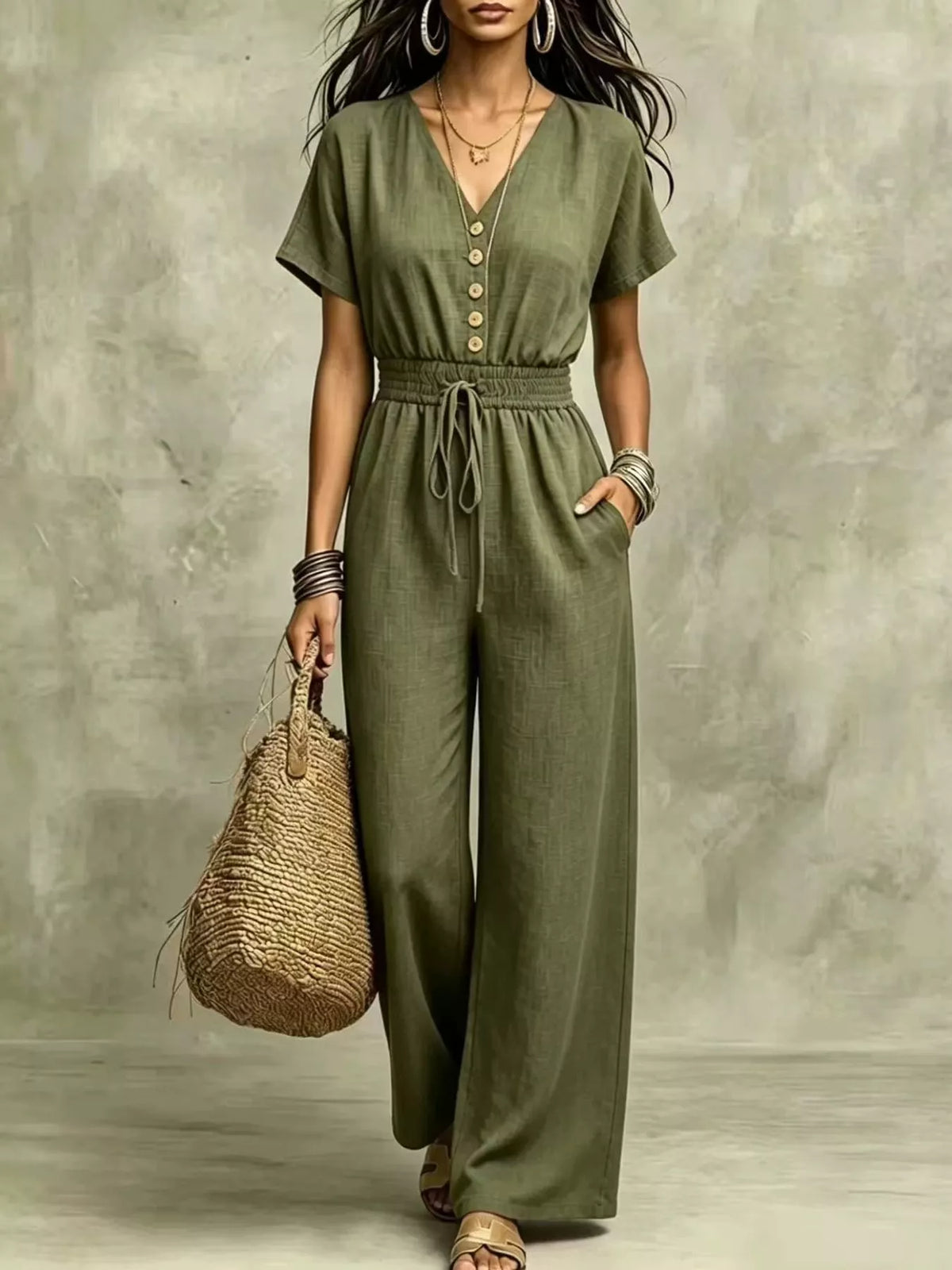 Army green wide-leg short-sleeve jumpsuit