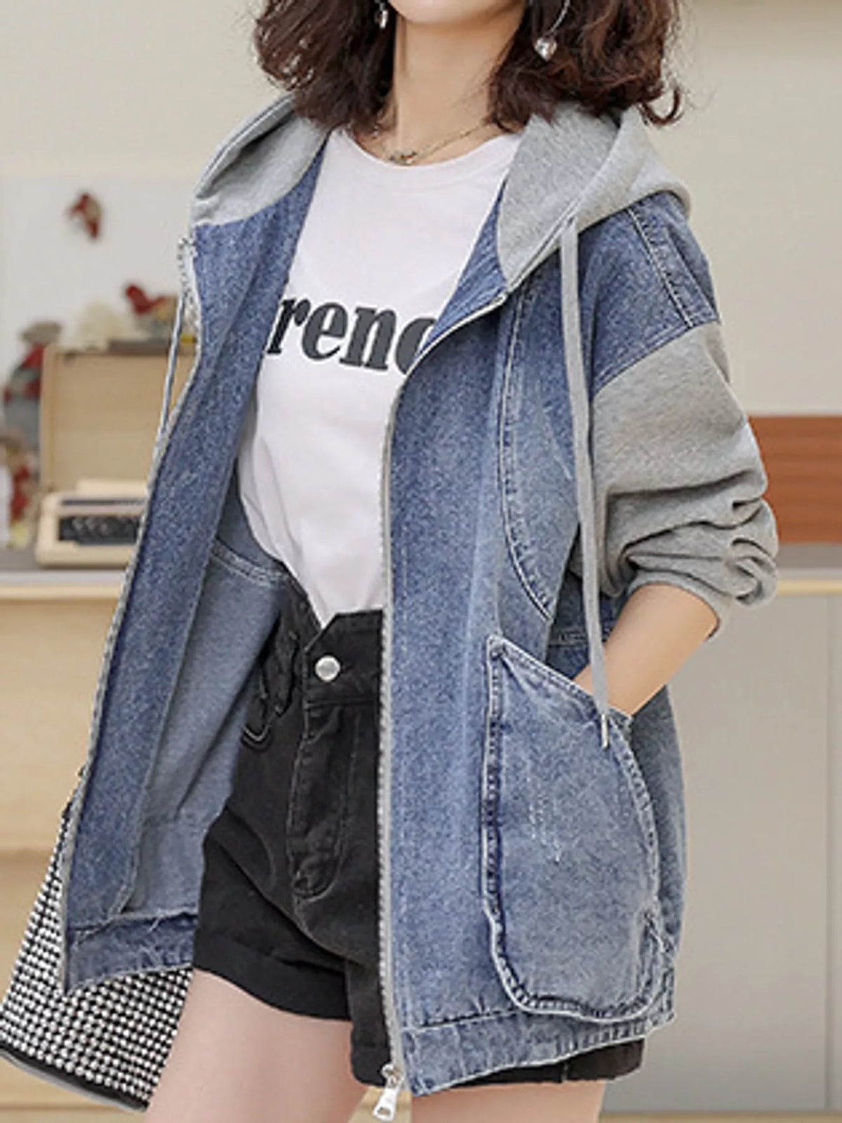 Zip-Up Hooded Denim Jacket — front view