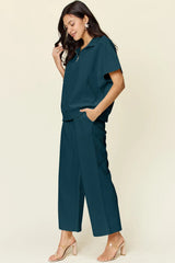 Trendsi Double Take Full Size Texture Half Zip Short Sleeve Top and Pants Set -