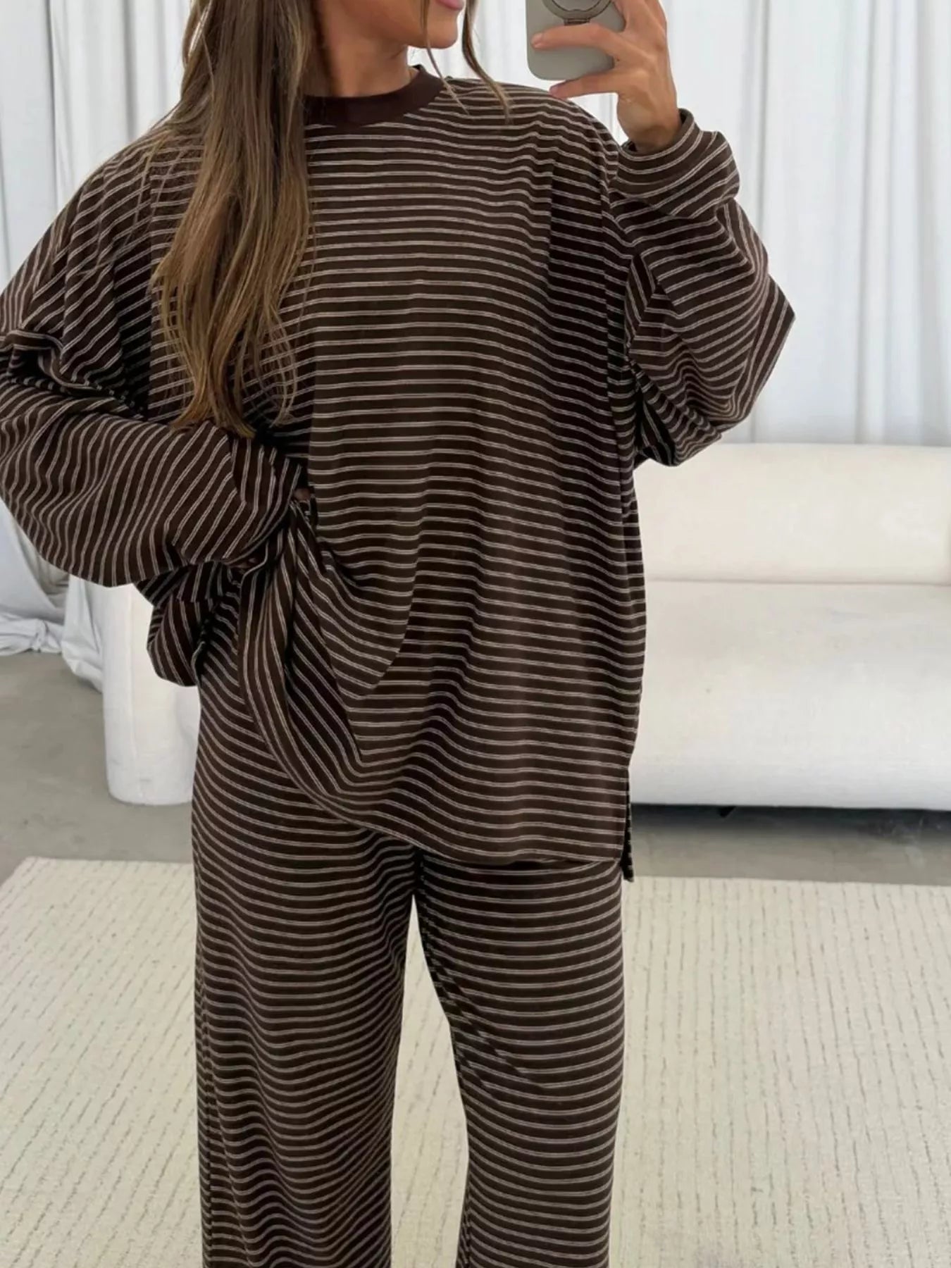 Trendsi Striped Long Sleeve Top and Wide Leg Pants Set -