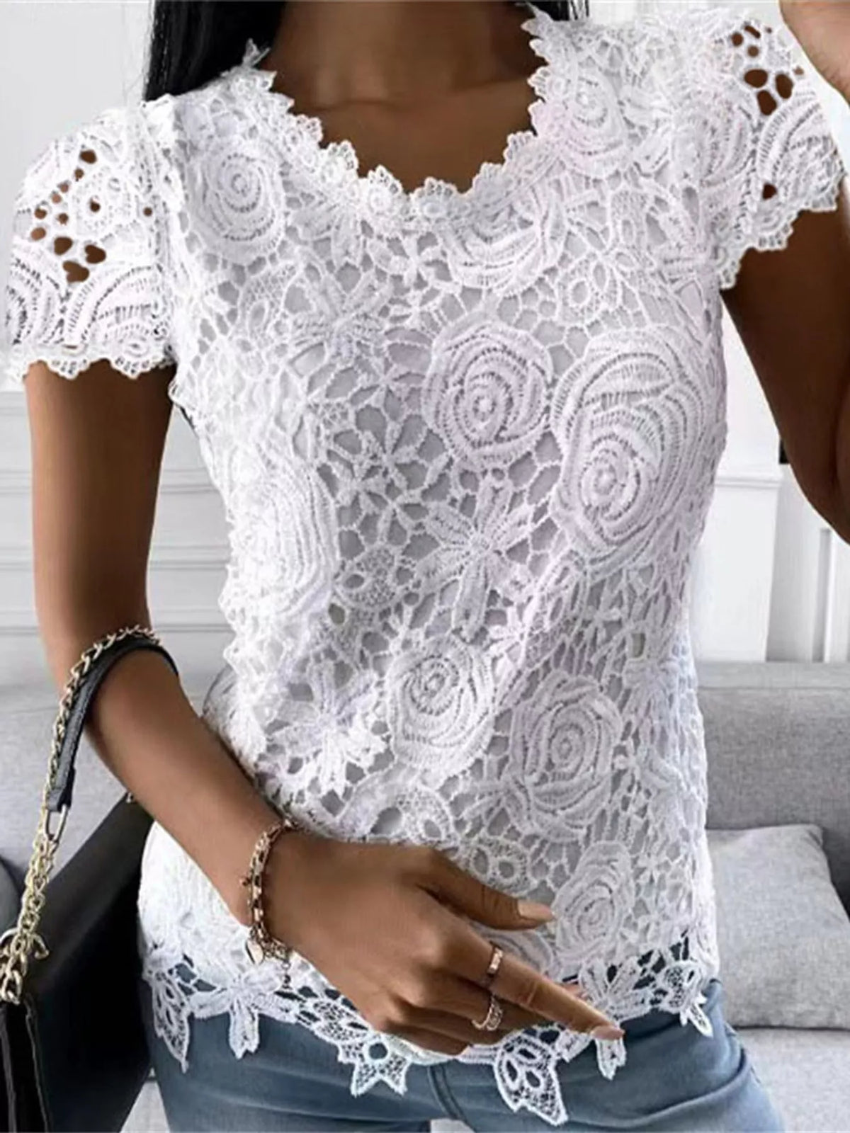 Floral Lace Short Sleeve Blouse, front view
