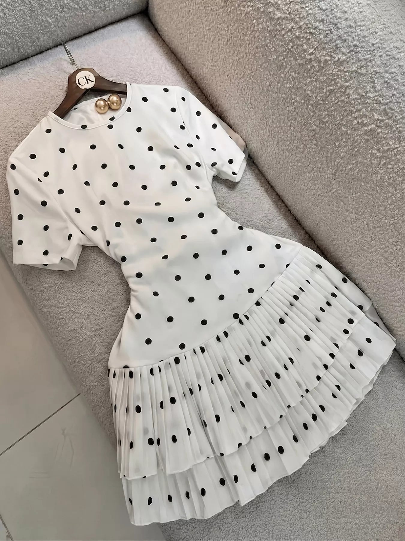 Trendsi Polka Dot Pleated Hem Mini Dress -