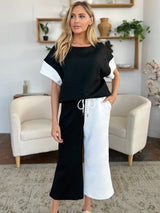 Trendsi Double Take Full Size Texture Contrast T-Shirt and Wide Leg Pants Set -