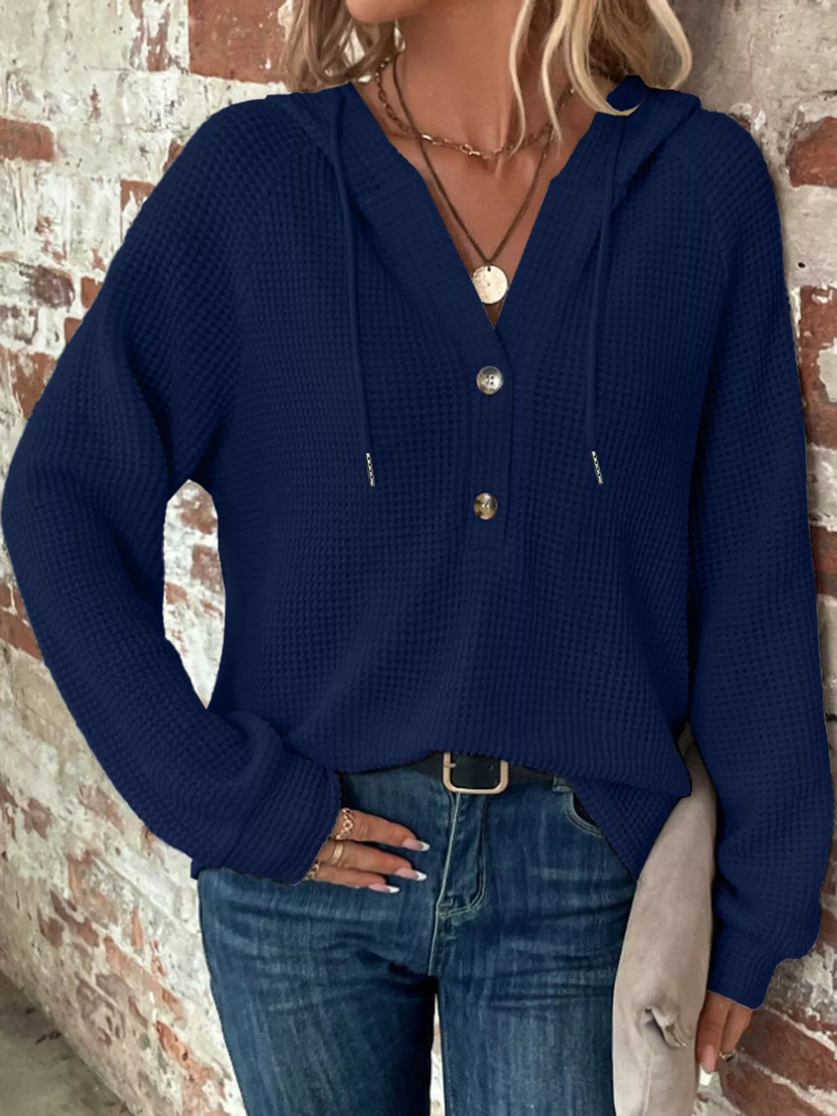 Navy waffle knit button-detail hoodie