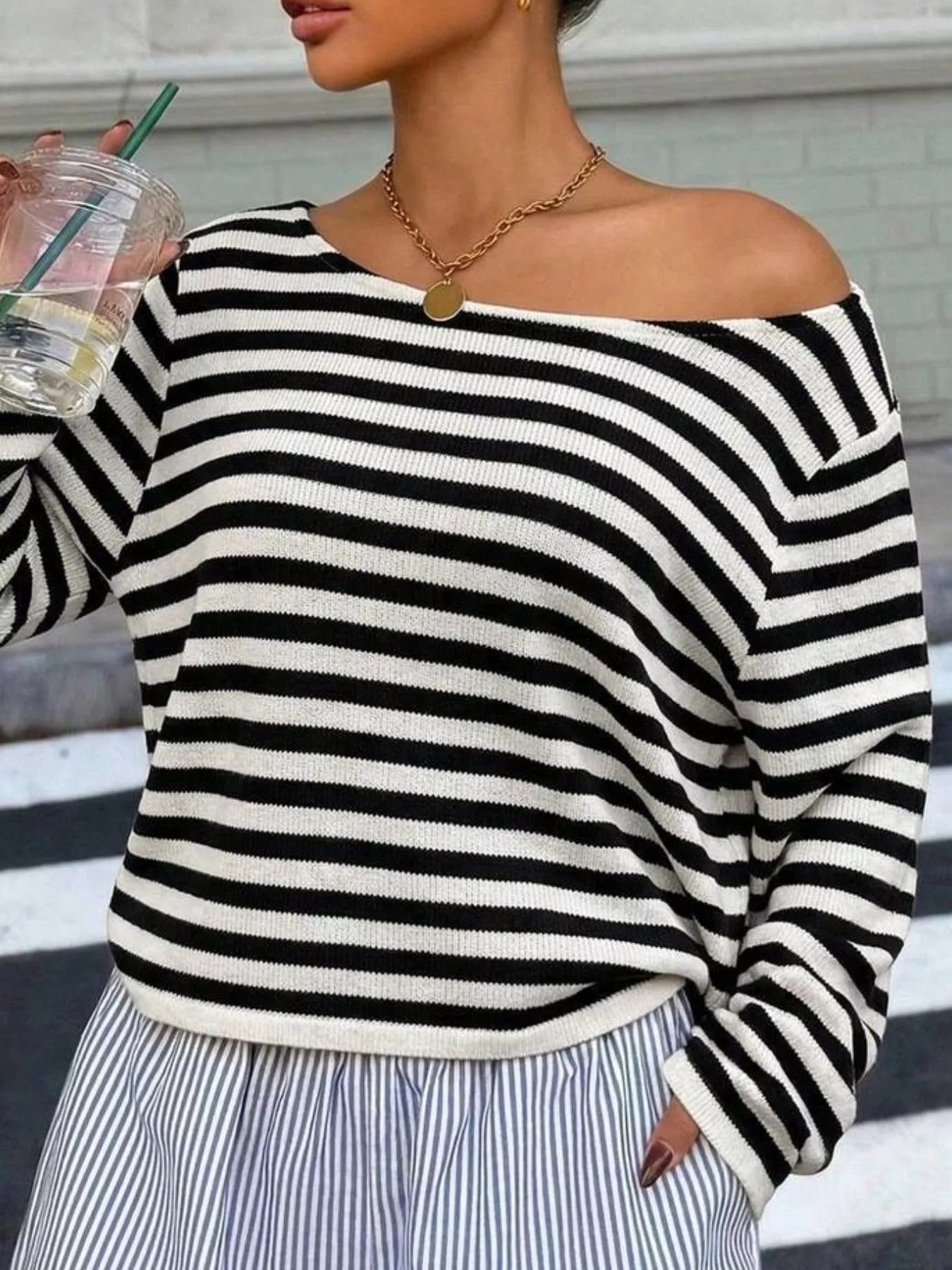 Trendsi Boat Neck Striped Long Sleeve T-Shirt -