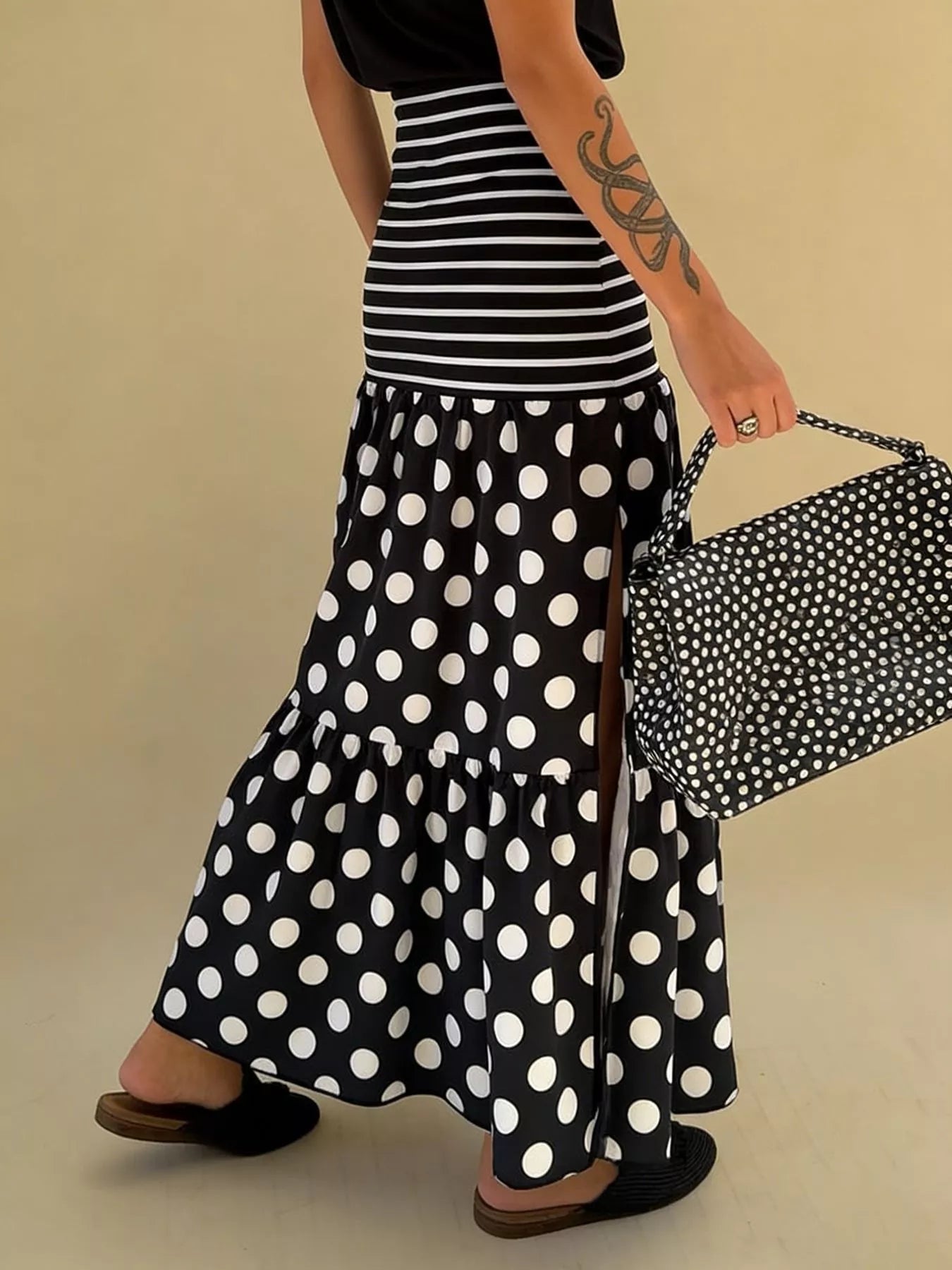 Trendsi Polka Dot Striped Slit Maxi Skirt -