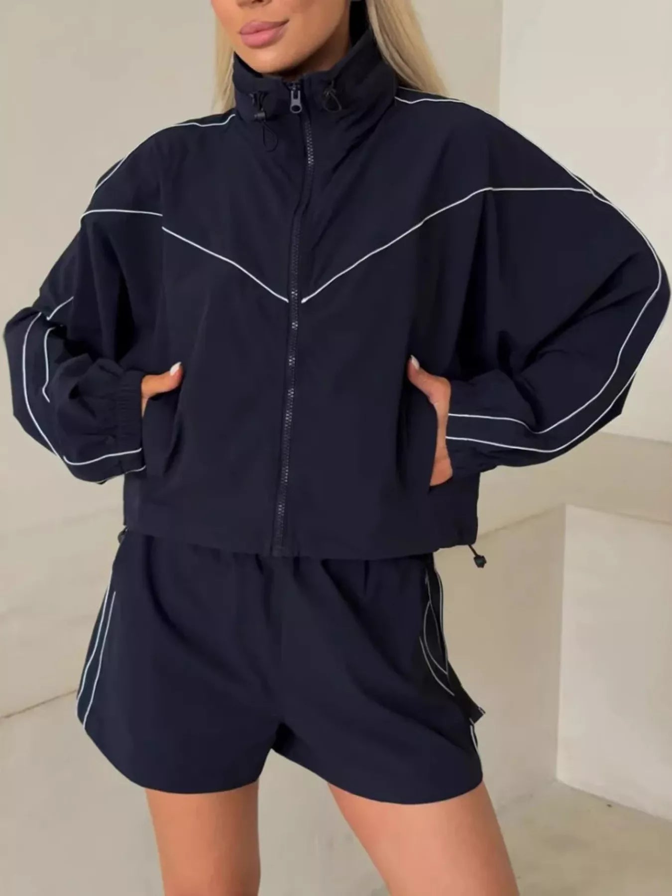 Trendsi Drawstring Zip-Up Jacket and Shorts Set -
