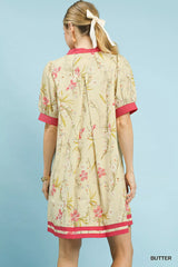 Trendsi Umgee Floral Puff Sleeve Dress with Contrast Trim -
