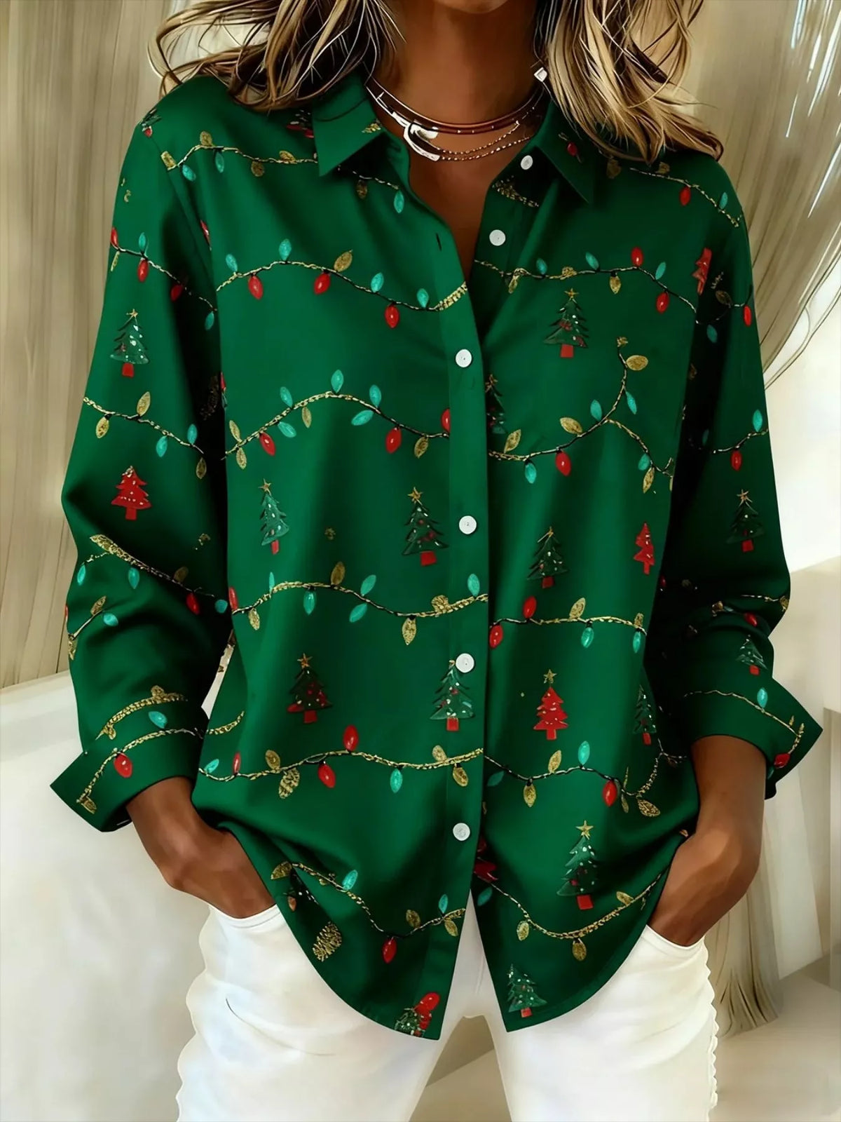 Green christmas tree button-down shirt, front view.