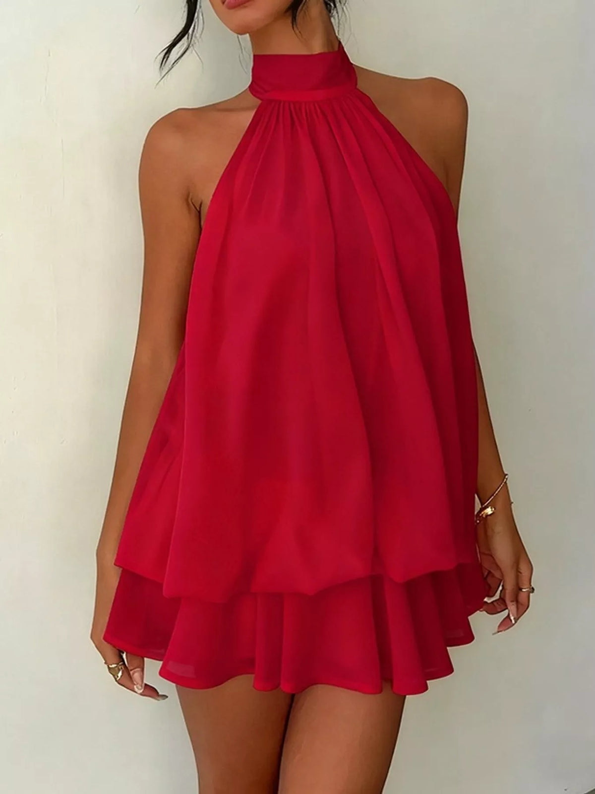 Red halter neck chiffon mini dress