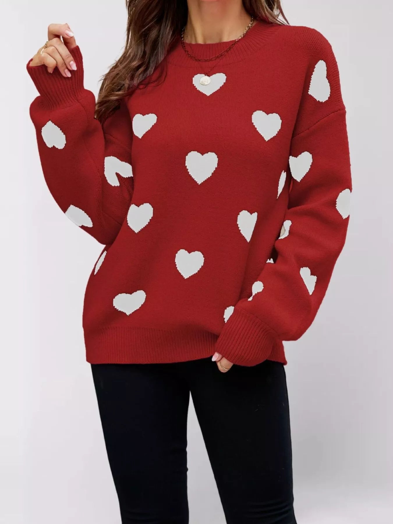 Trendsi Heart-Patterned Dropped Shoulder Sweater -