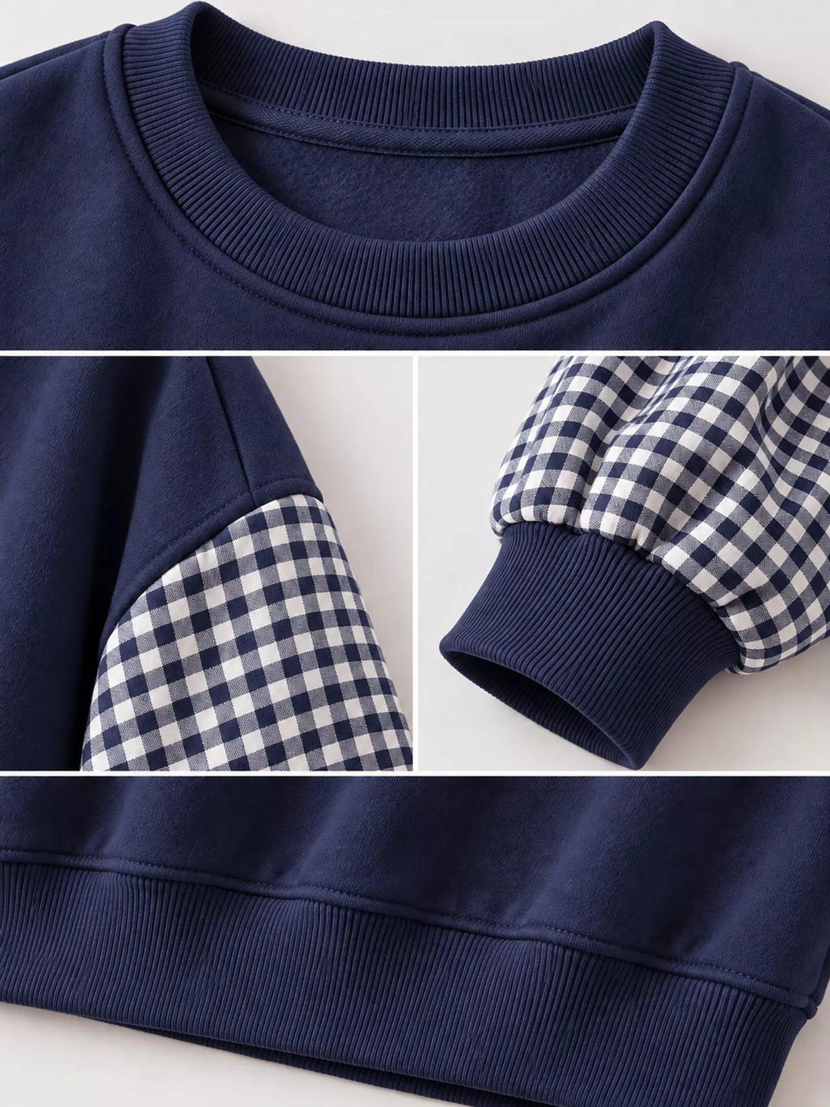 Navy blue and white gingham sleeve dropped shoulder sweatshirt, detail view