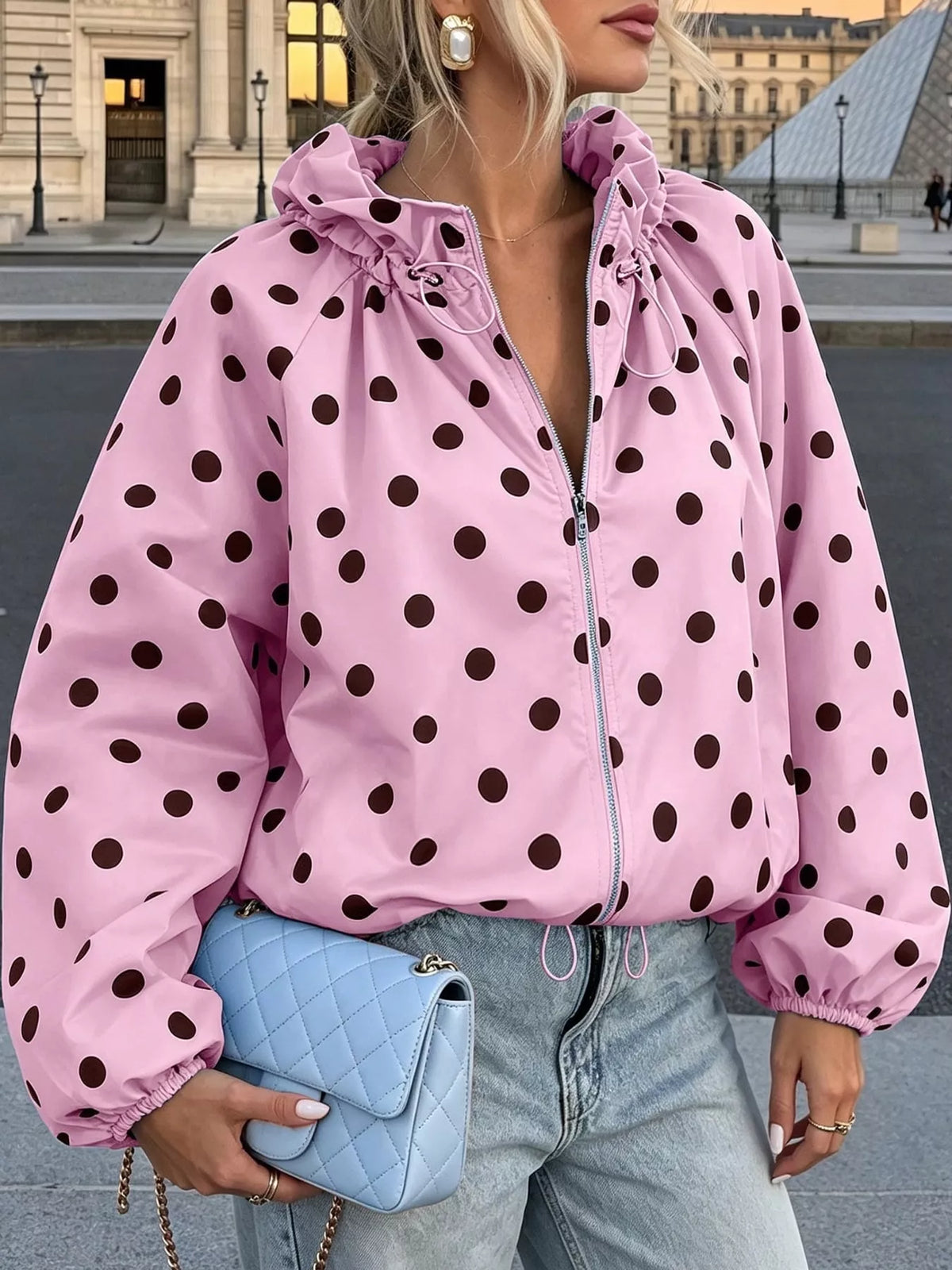 Polka Dot Drawstring Zip-Up Jacket — front view