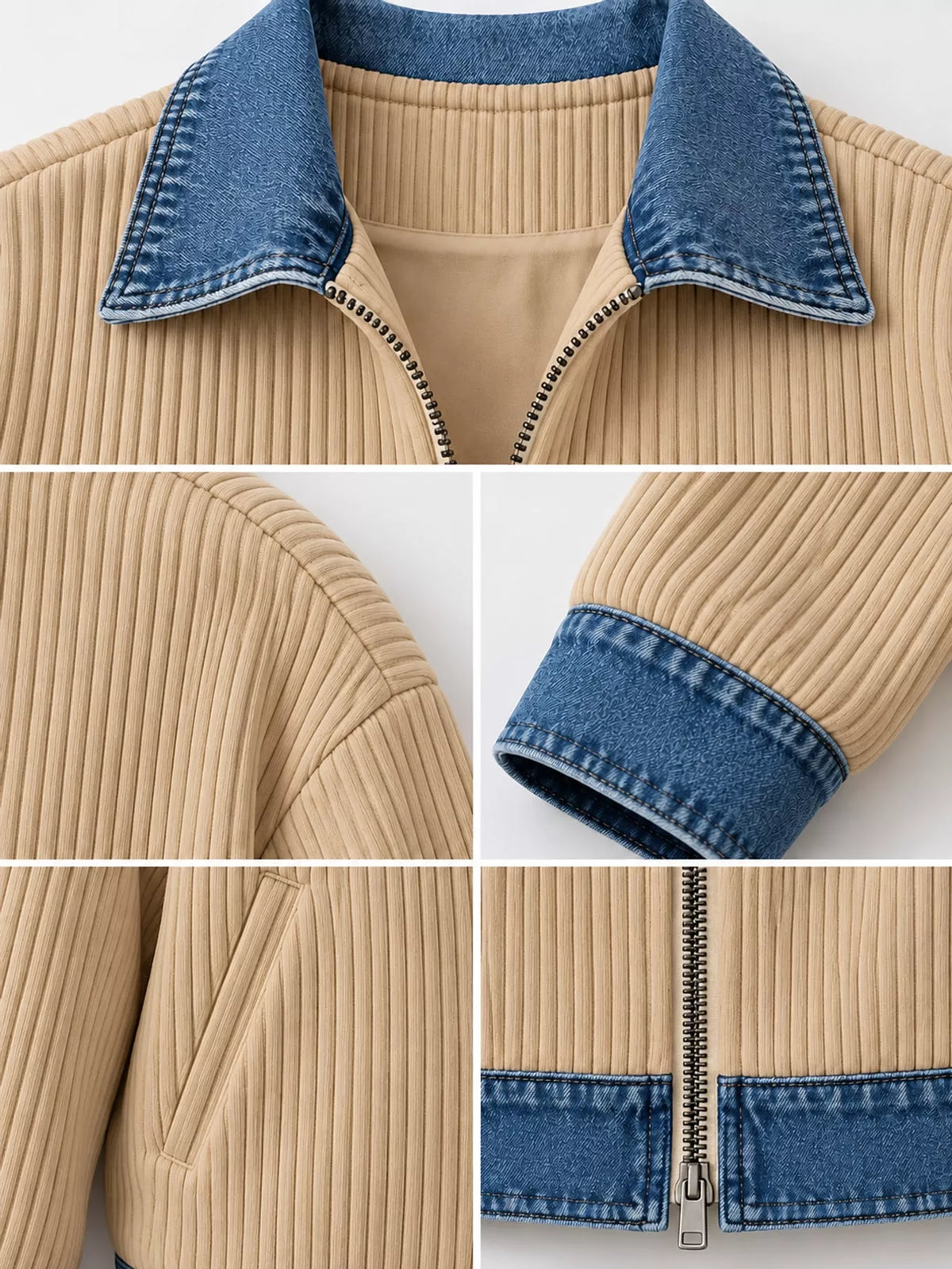 Tan denim-collar ribbed knit zip-up jacket — design and construction details