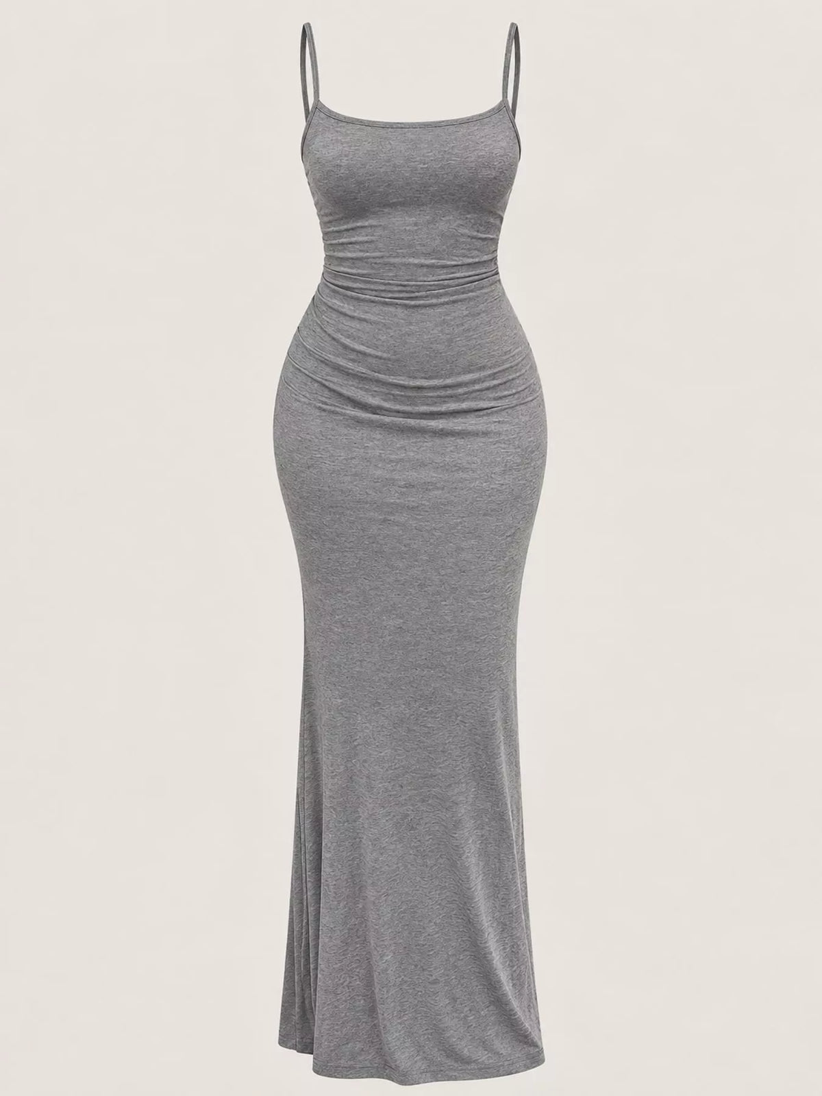 Gray bodycon spaghetti strap maxi dress, front view