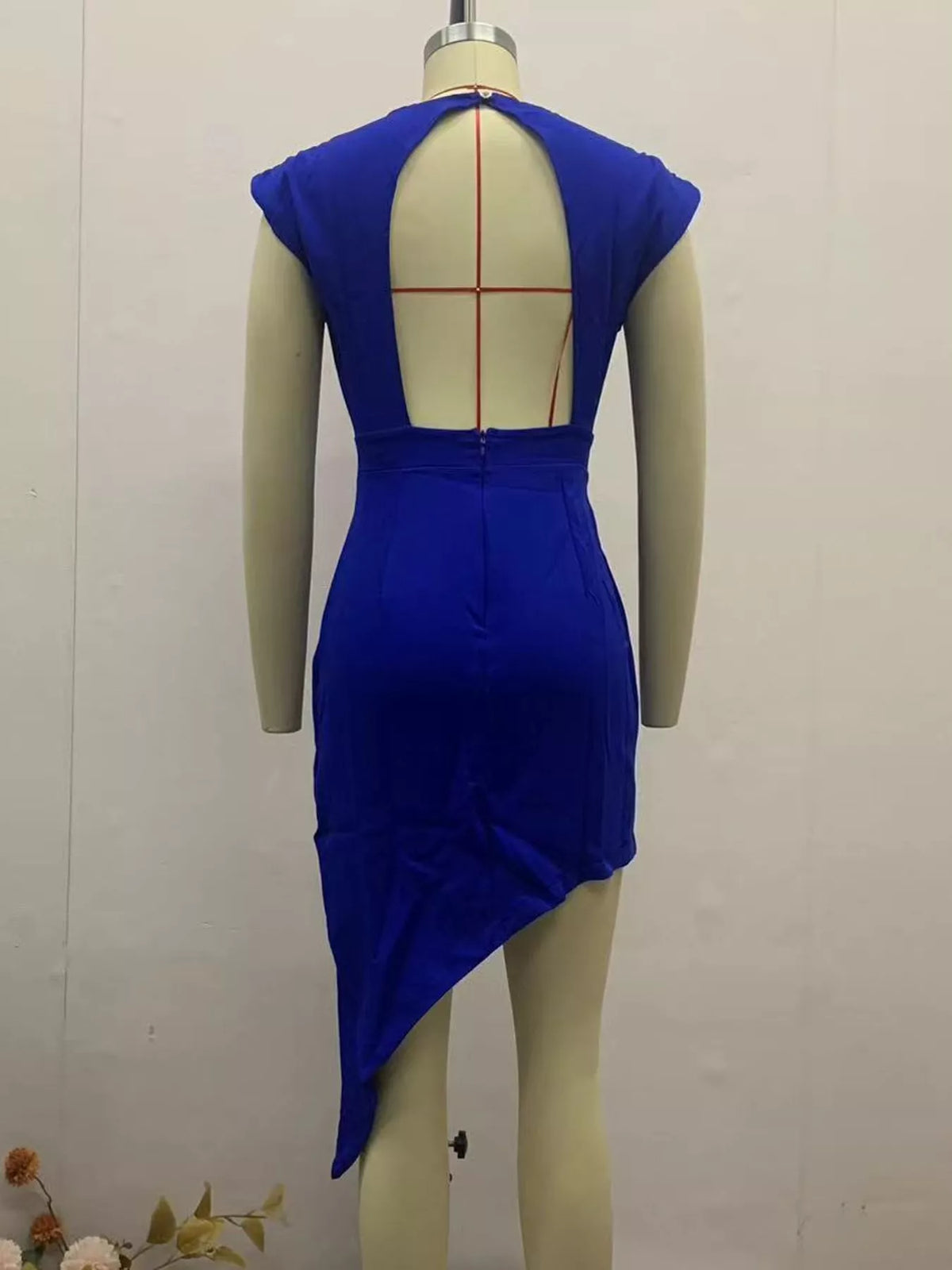Women's Asymmetrical Backless Pleated Dress in blue — mannequin back view