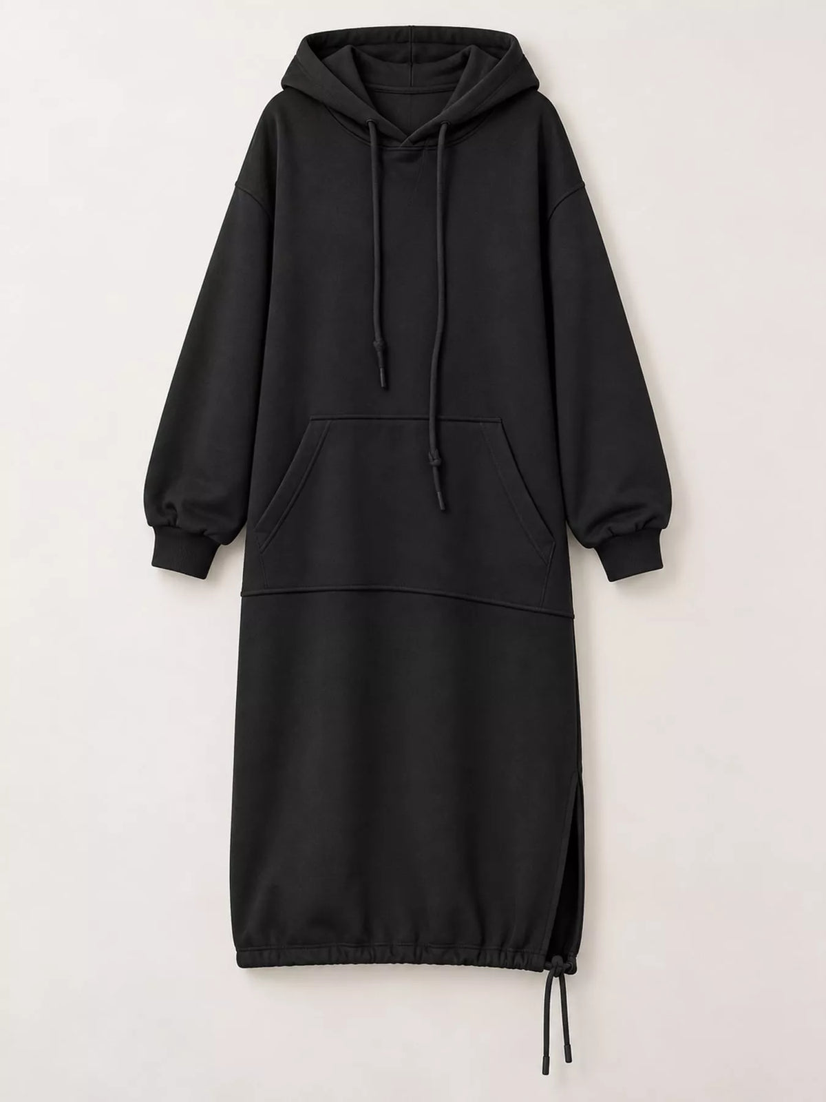 Black hooded sweatshirt midi dress with drawstring hem, front view