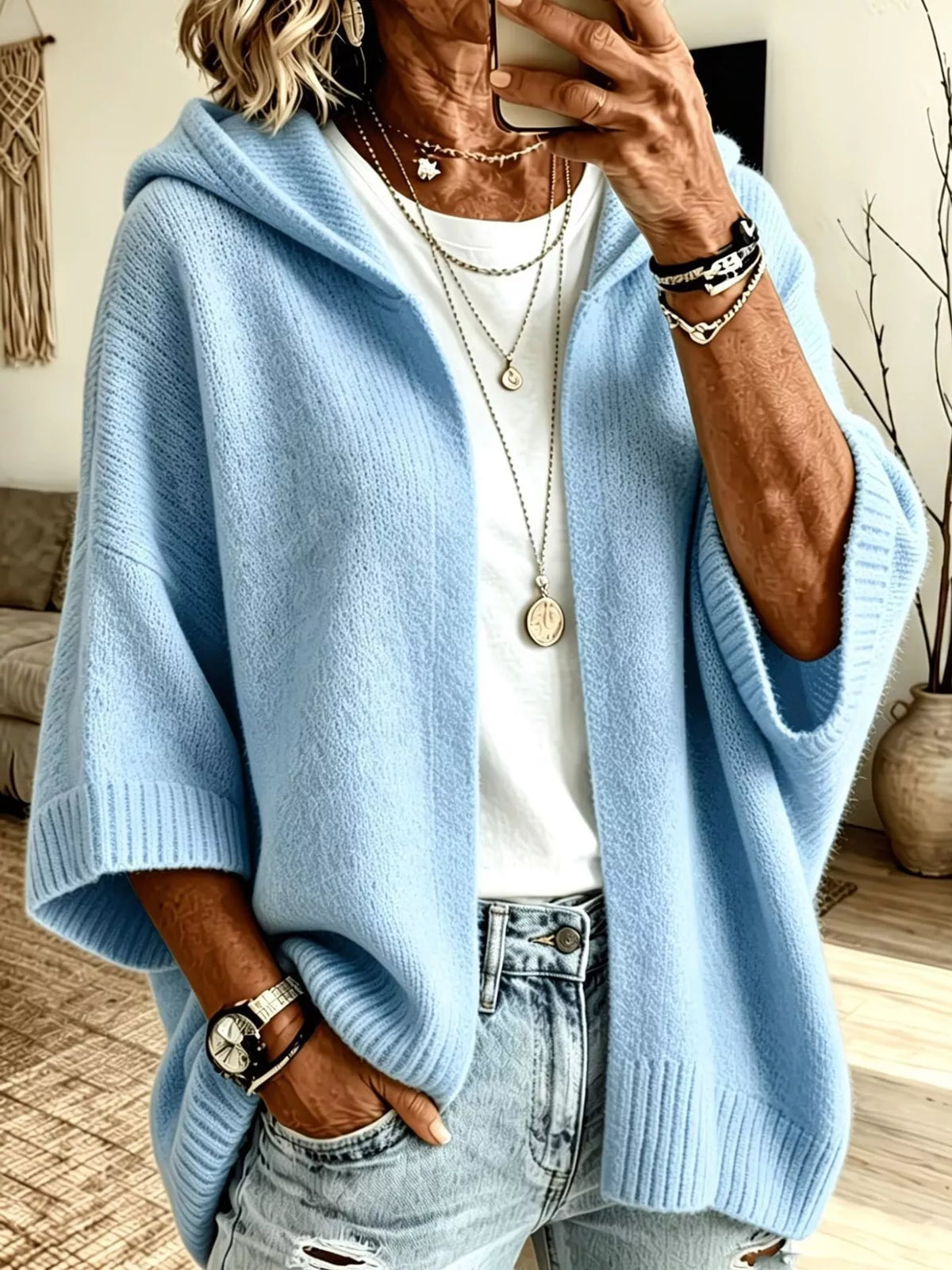 Hooded knit cardigan, light blue front