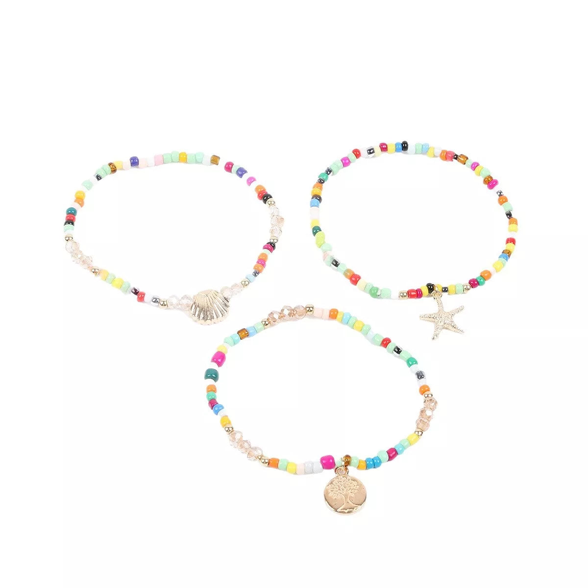 Multicolor three-piece beaded anklet set