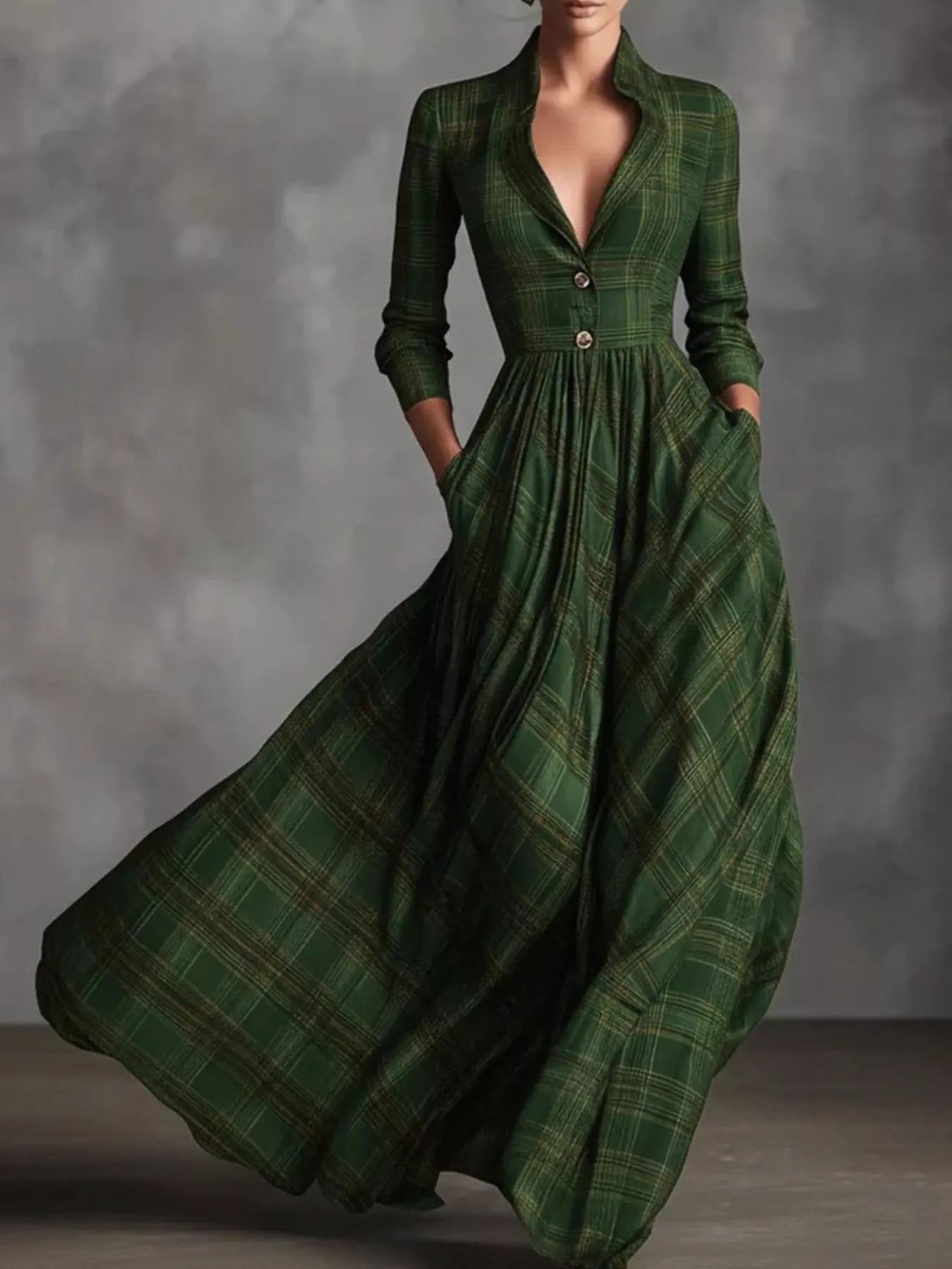 Trendsi Plaid Lapel Maxi Dress with Pockets -