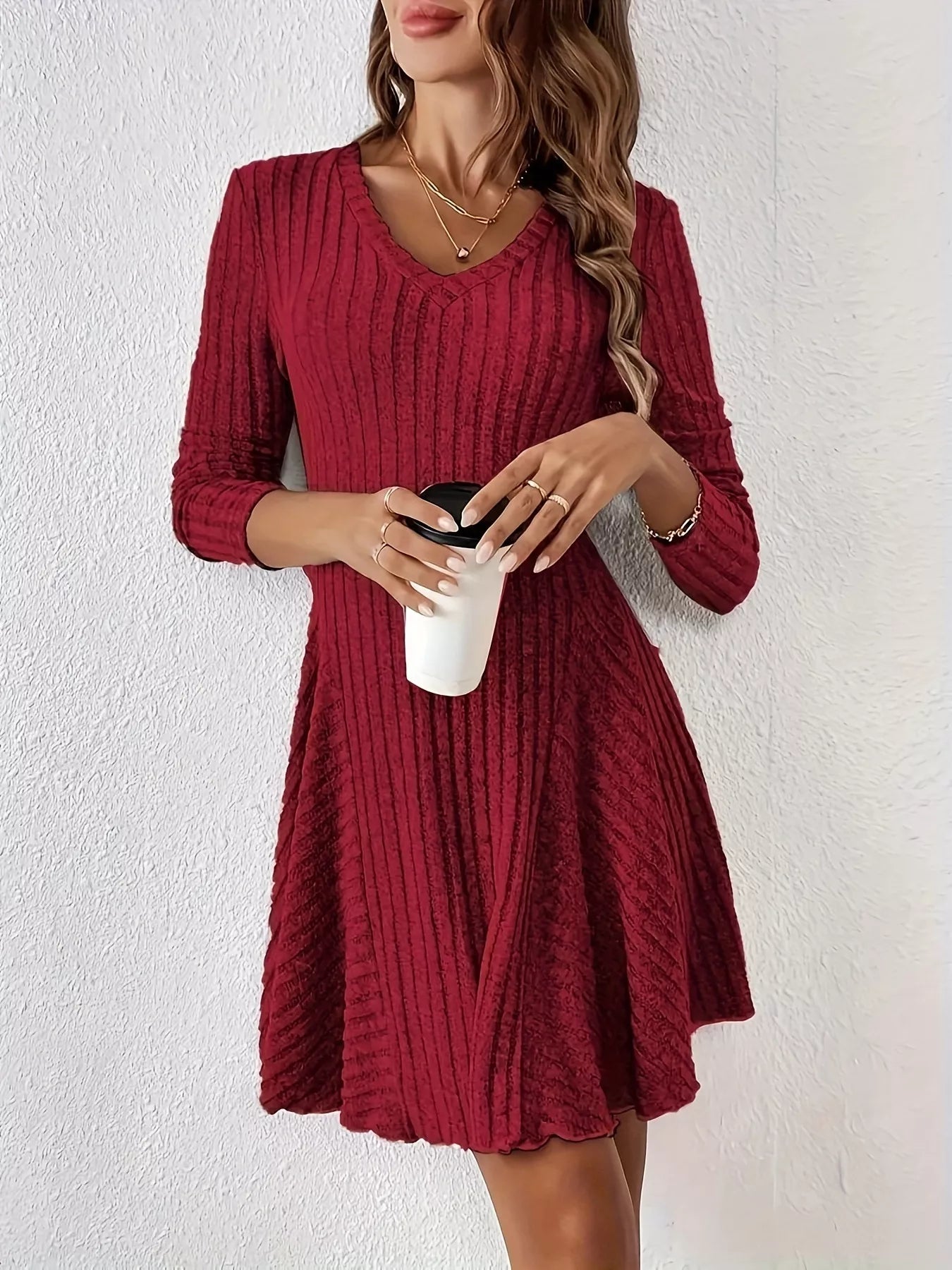 Trendsi V-Neck Ribbed Knit Flared Knit Dress -