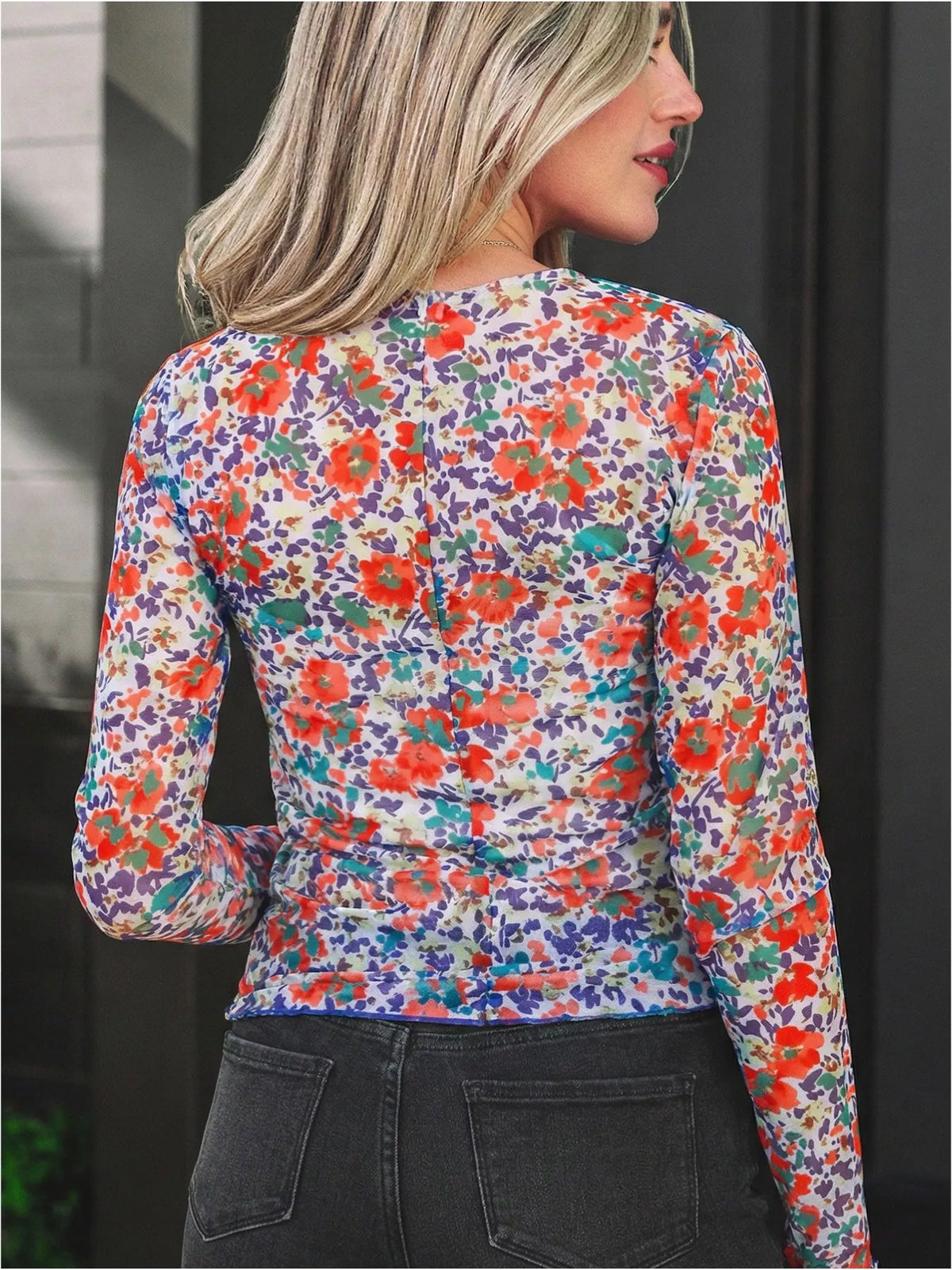 Women's Floral Print Sheer Mesh Long Sleeve Mock Neck Top in Floral, back view