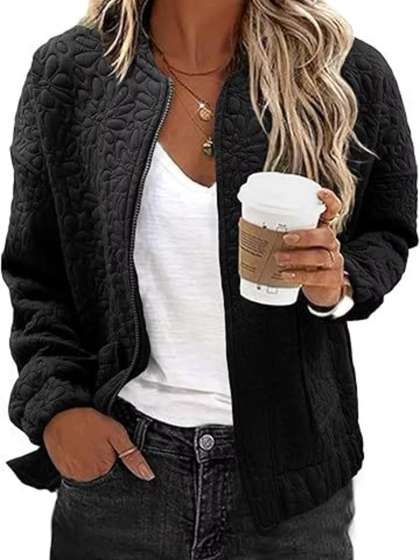 Trendsi Floral Quilted Zip Up Jacket -