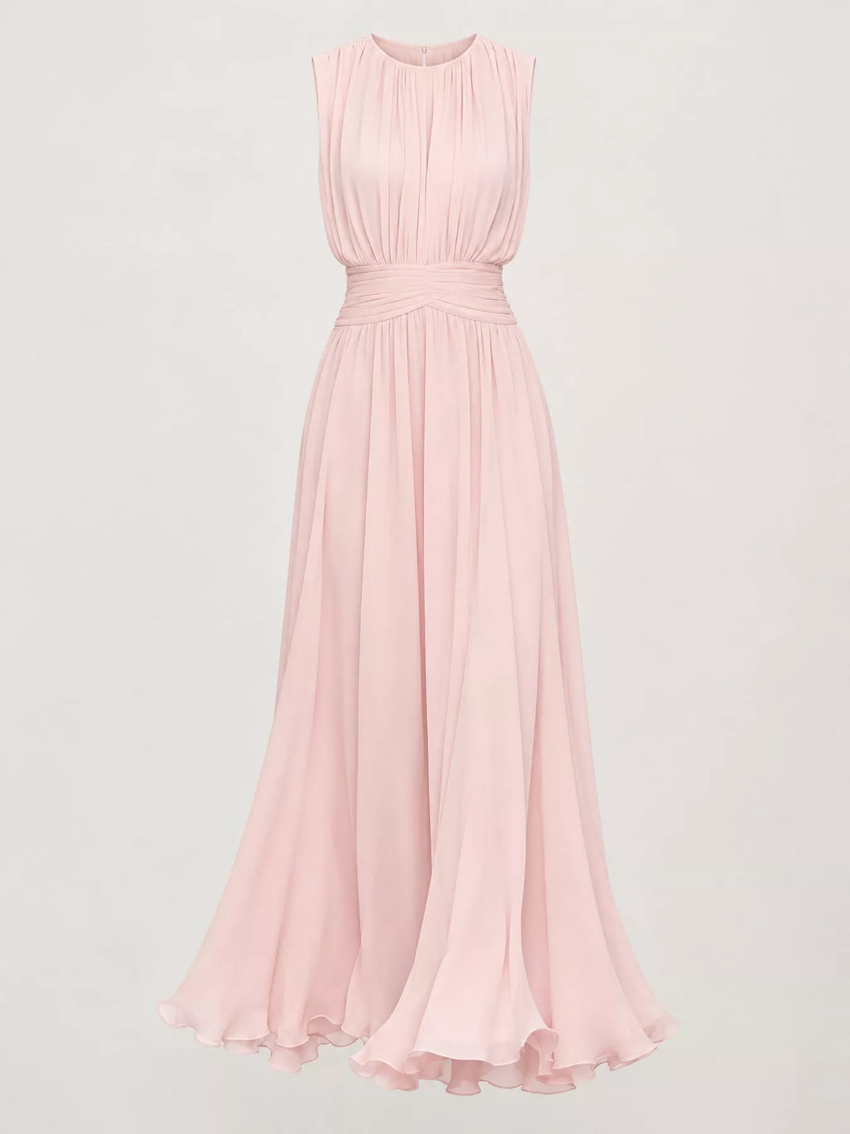 Pink sleeveless ruched chiffon maxi dress, front view