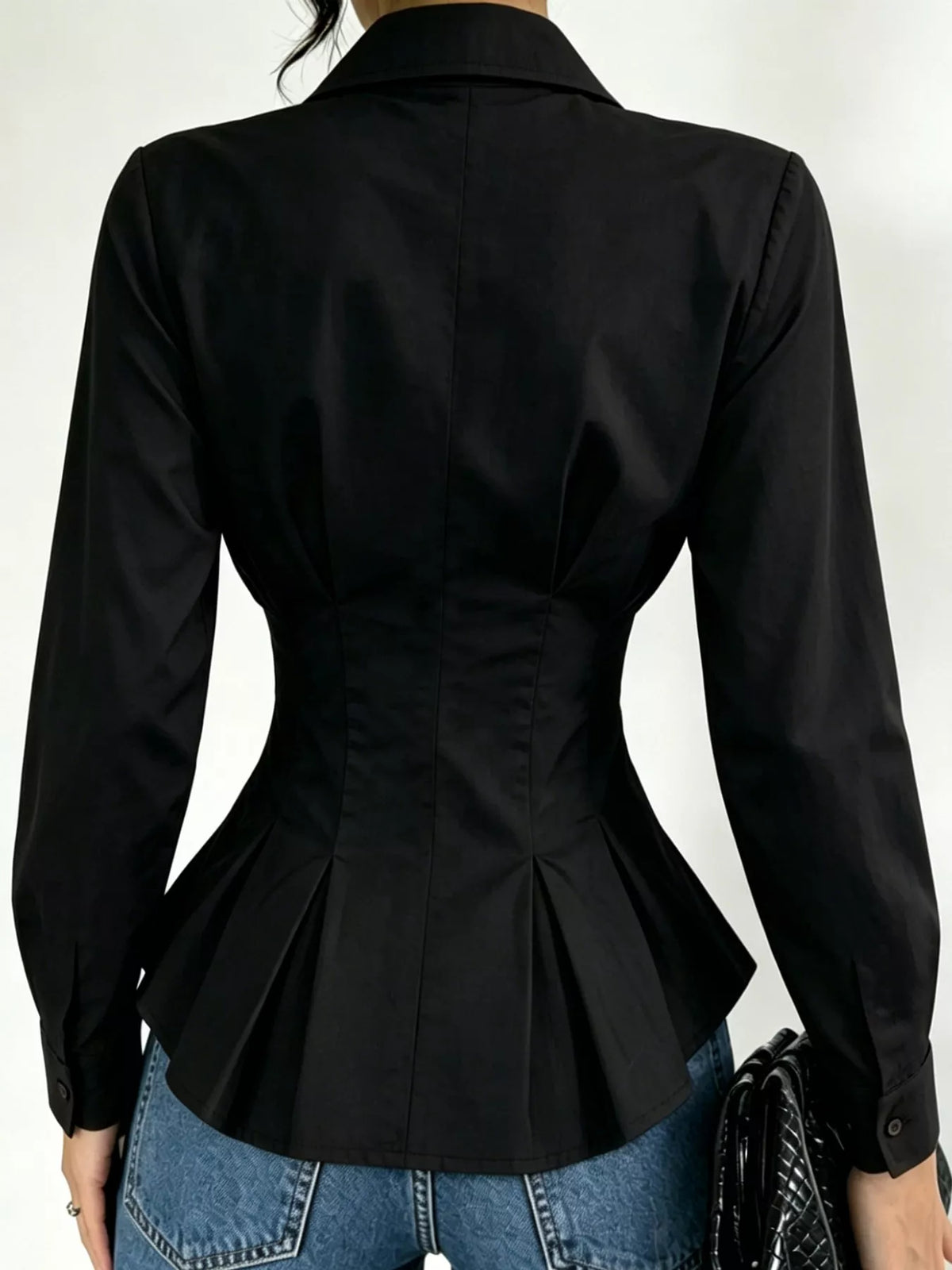 Button-Down Peplum Blouse with Fitted Waist, back view