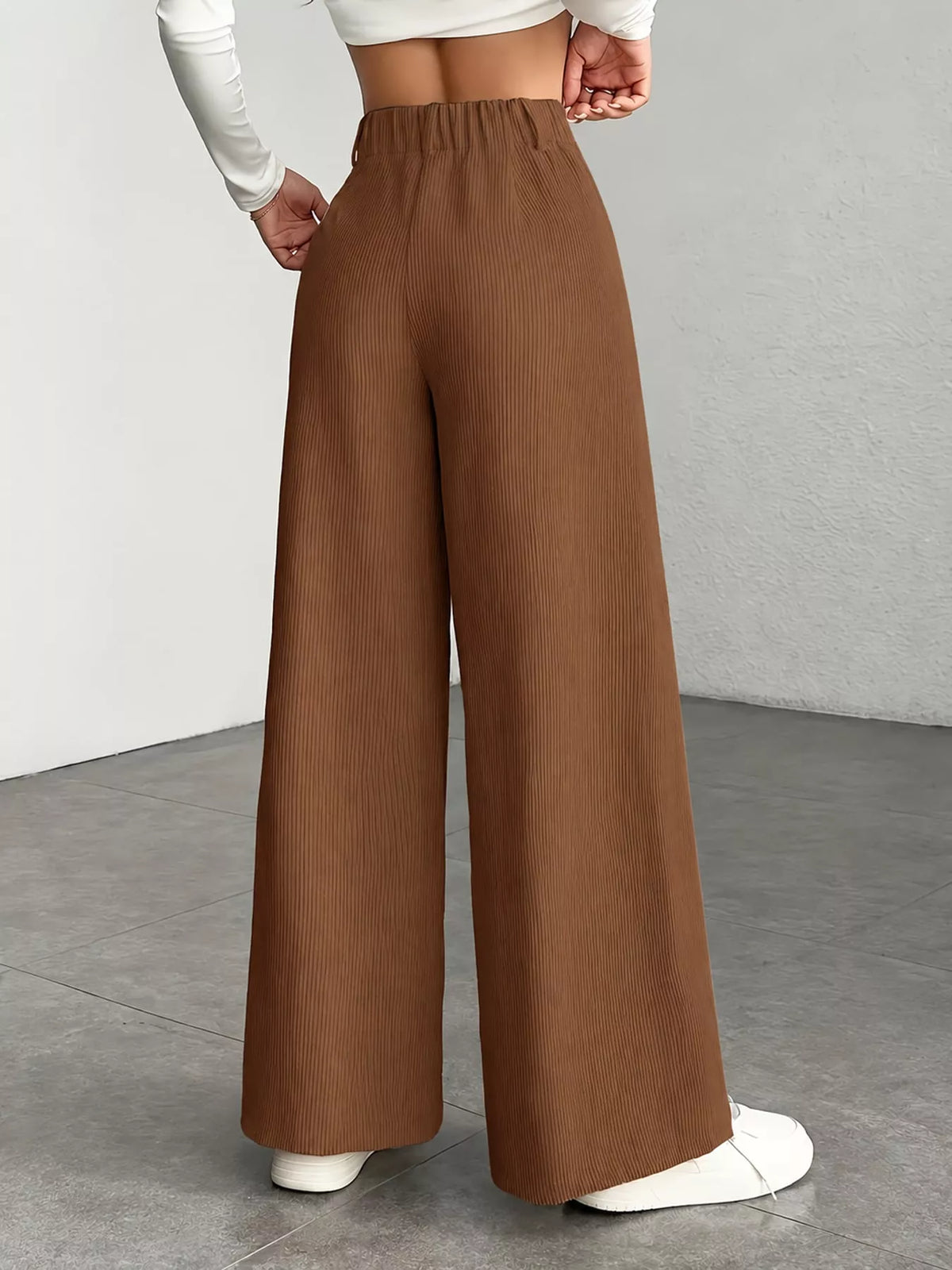 Light Brown high-waisted wide-leg pants, back view