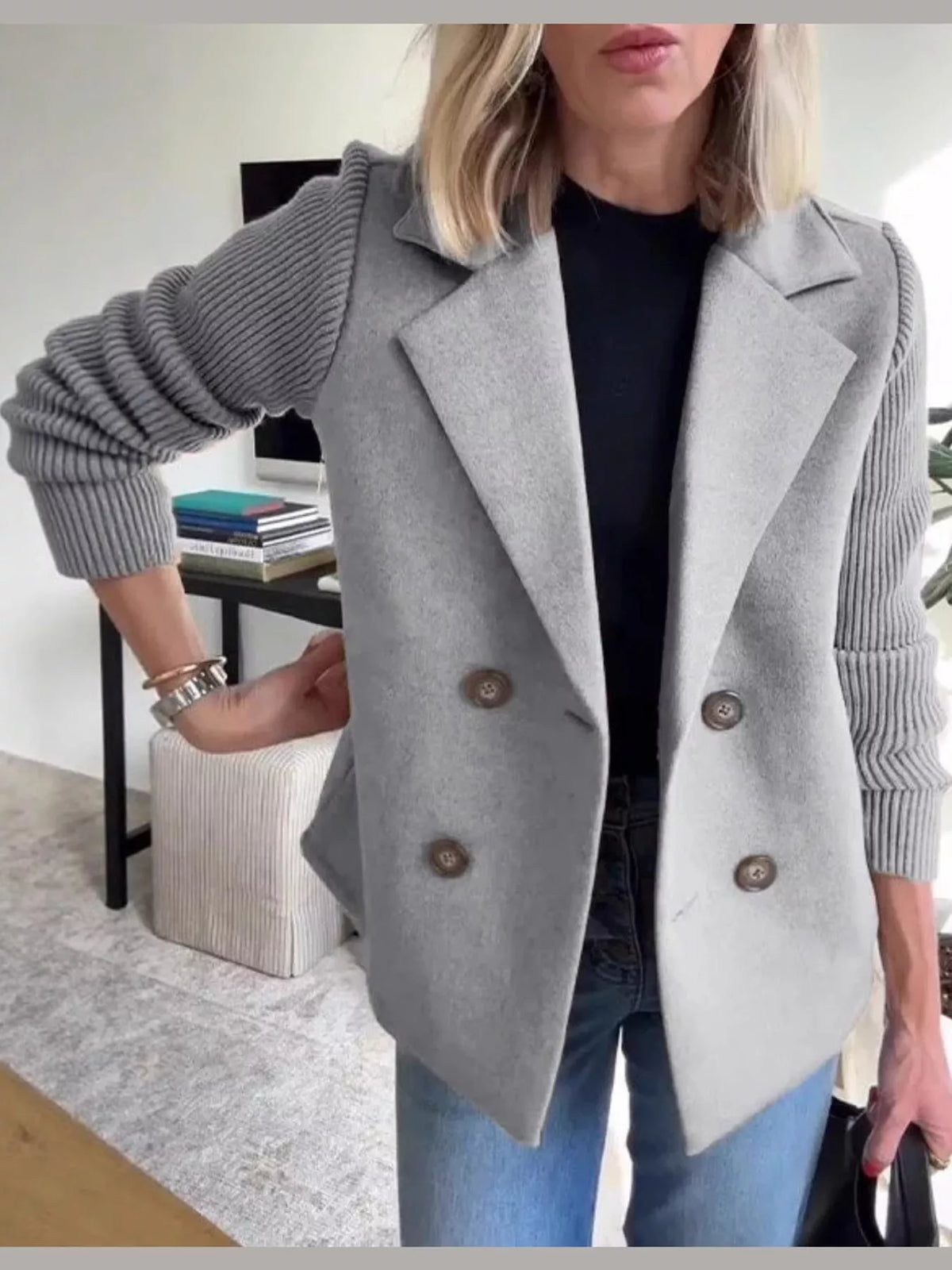 Gray double-breasted lapel collar blazer — front view