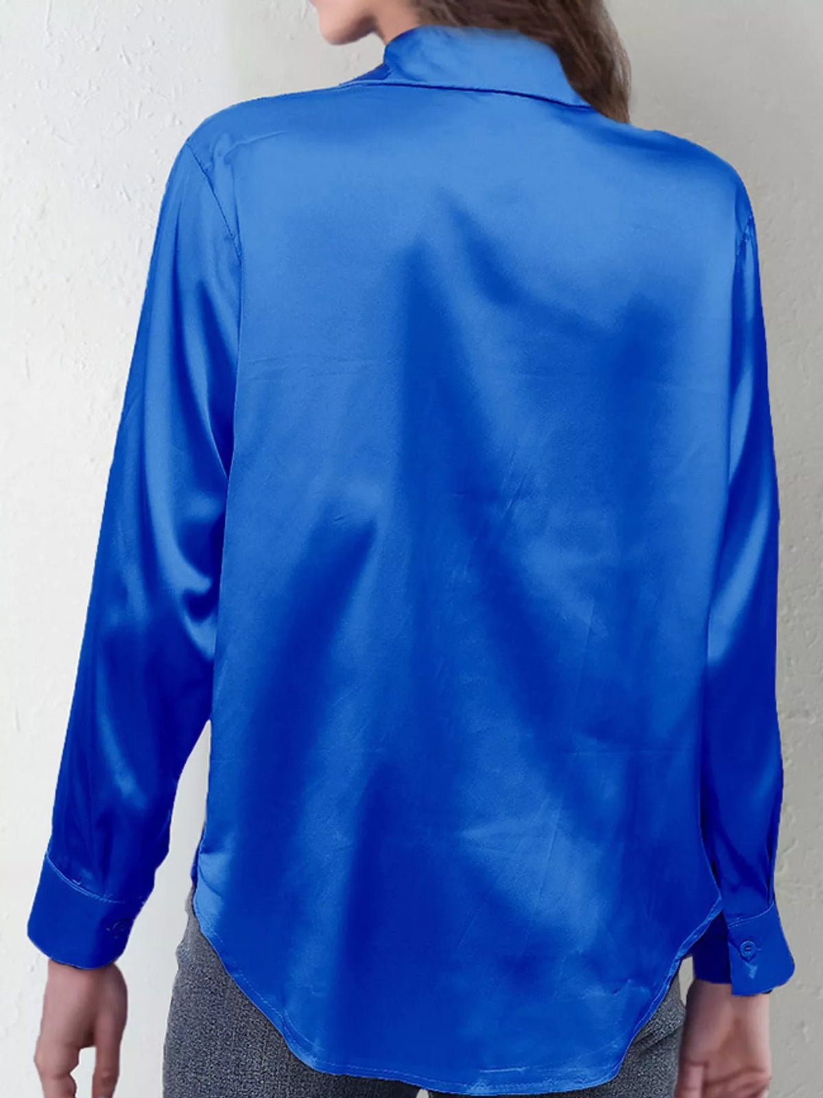 Royal Blue satin button-down long sleeve shirt, back view