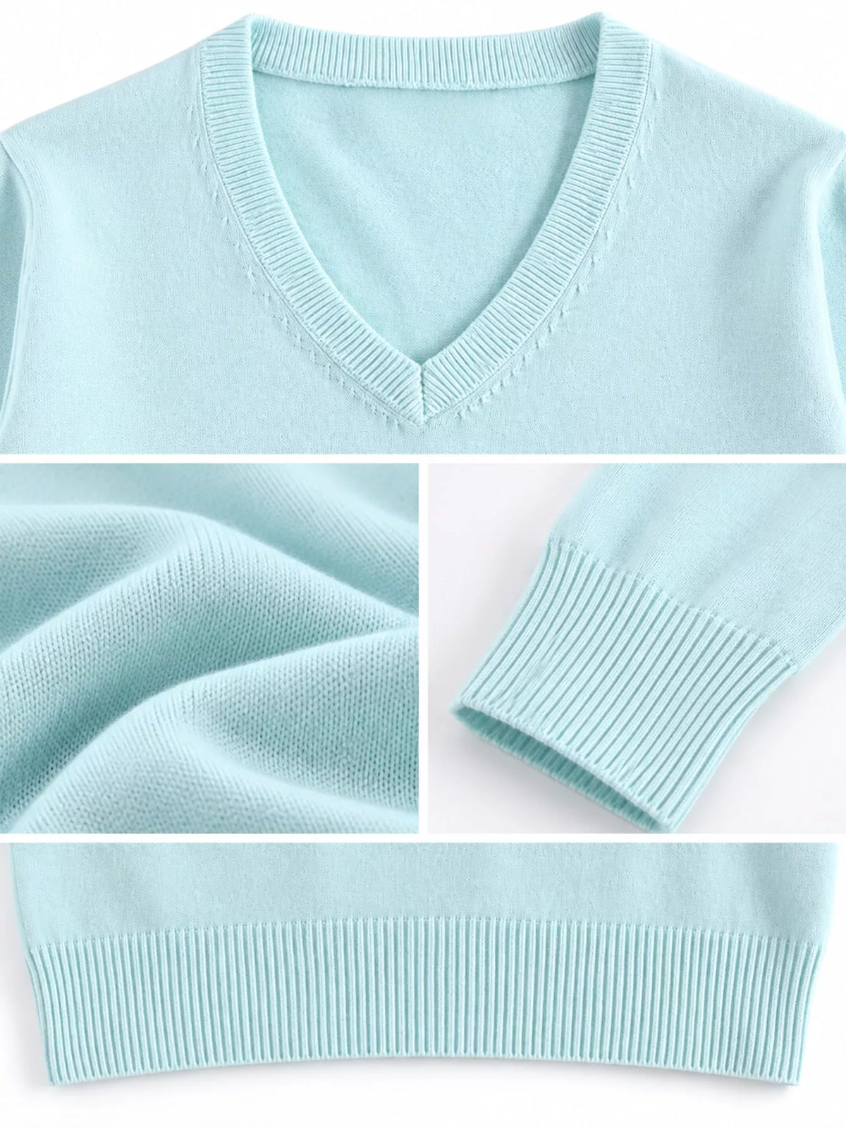 Women's V-Neck Long Sleeve Sweater in mint — detail collage view