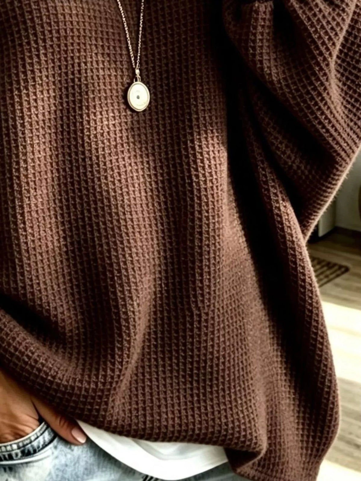 Women's Waffle Knit Boat Neck Sweatshirt in brown — texture detail view