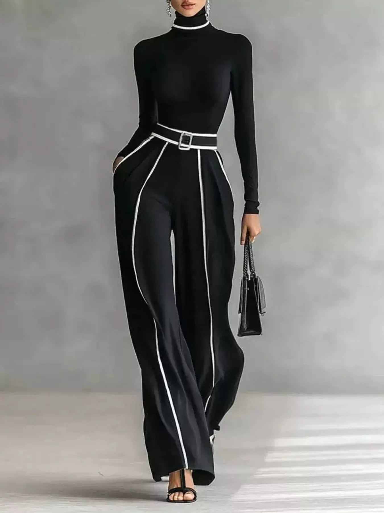 Trendsi Turtleneck Long Sleeve Top and Contrast Pants Set -
