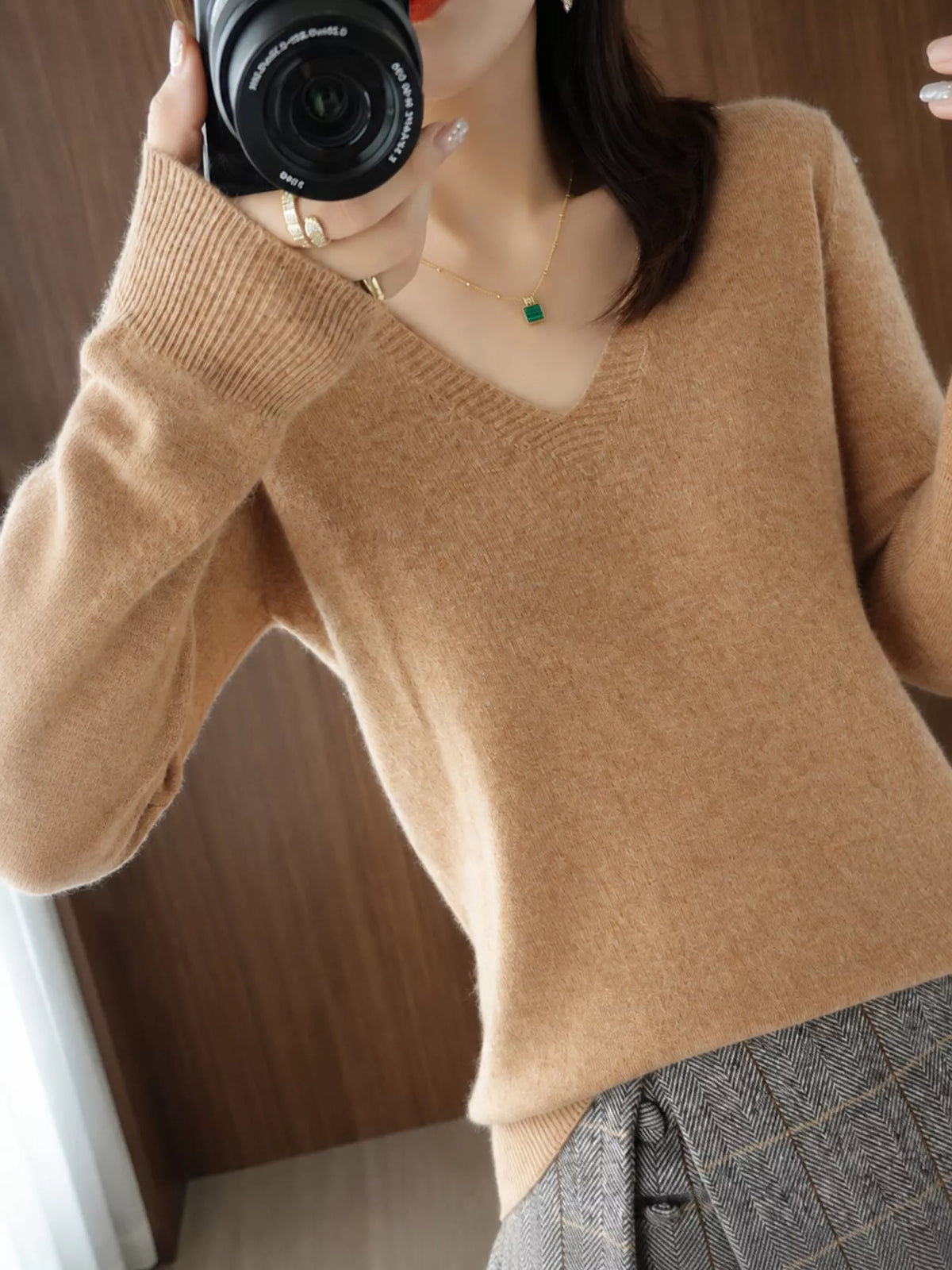 V-Neck Knit Sweater in camel