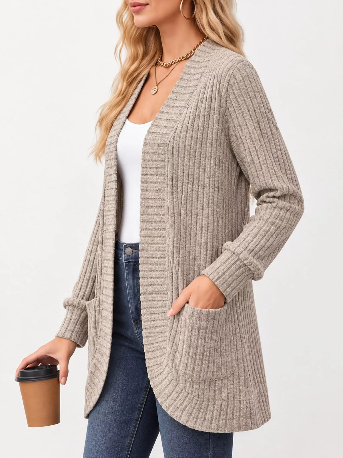 Khaki ribbed open-front longline cardigan