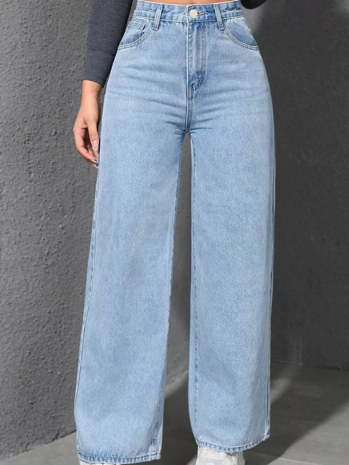 Light blue high waisted wide leg jeans, front view