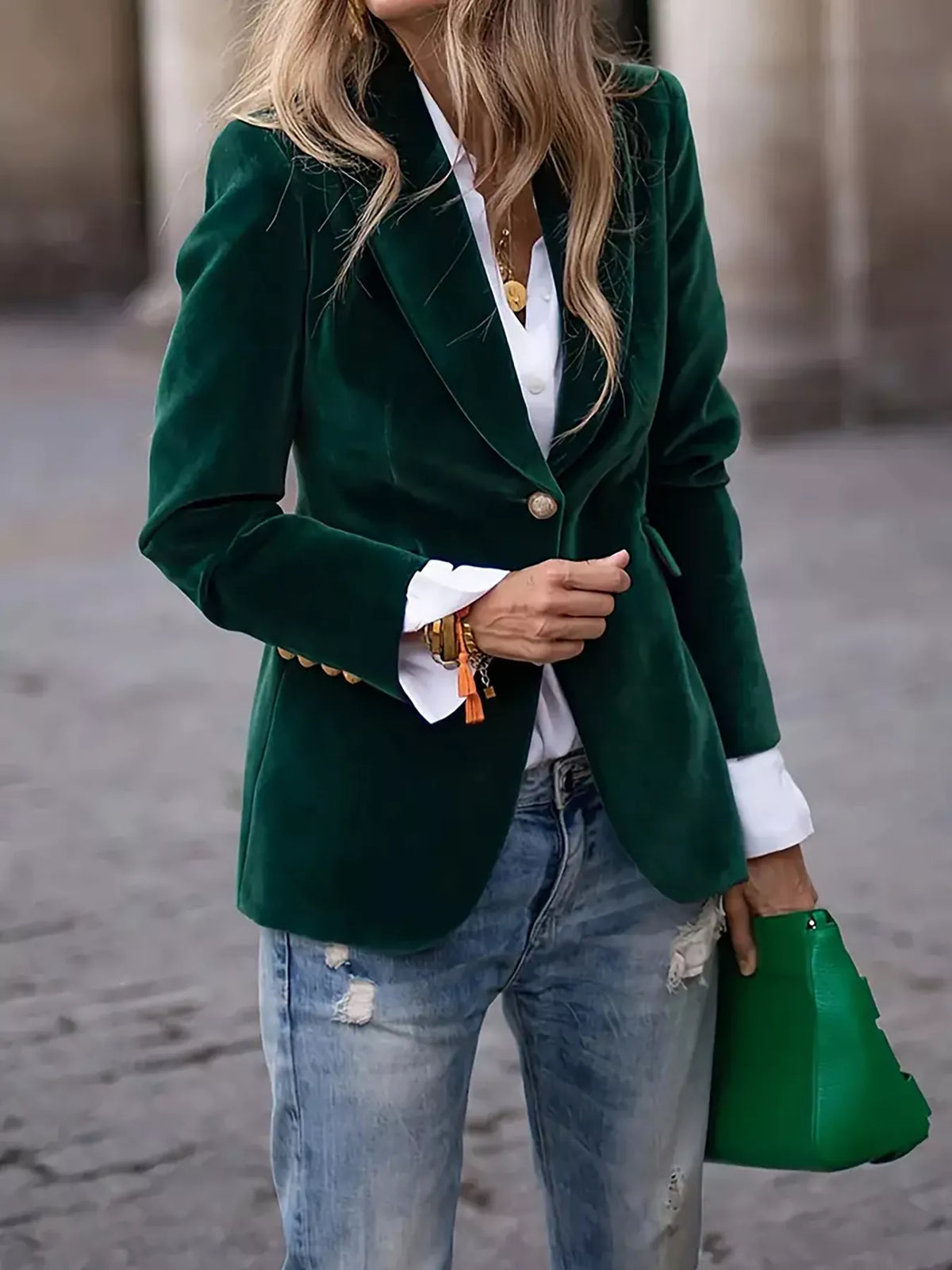 Dark Green velvet single-button blazer