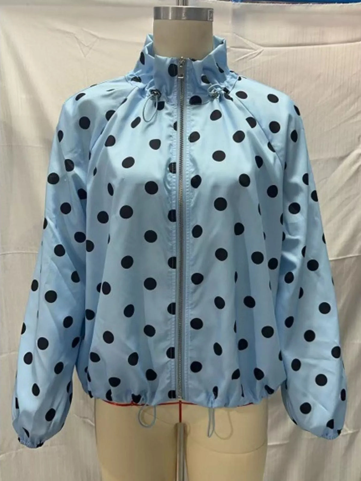 Polka Dot Drawstring Zip-Up Jacket — garment front