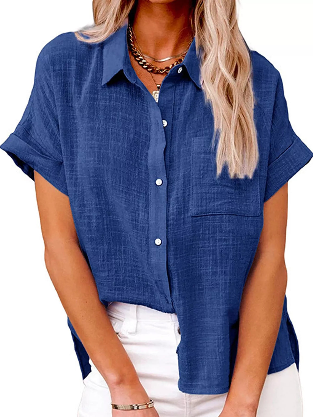 Women's Button Up Short Sleeve Shirt in blue — front view