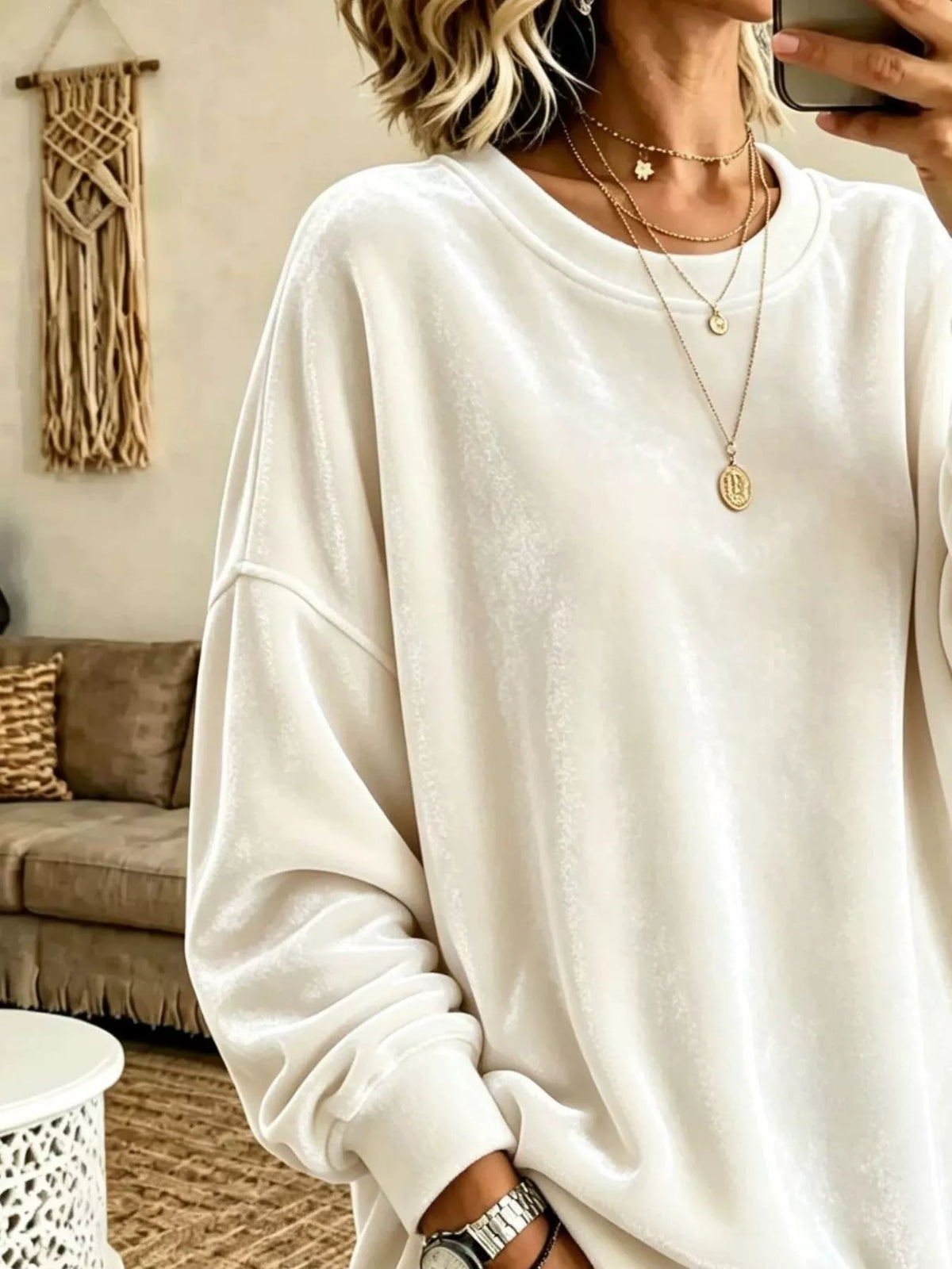 Women's Velvet Dropped Shoulder Crew Neck Sweatshirt in cream — texture detail view