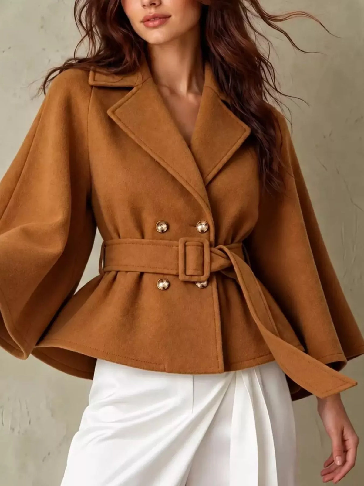 Double-Breasted Cape Coat with Belt in caramel