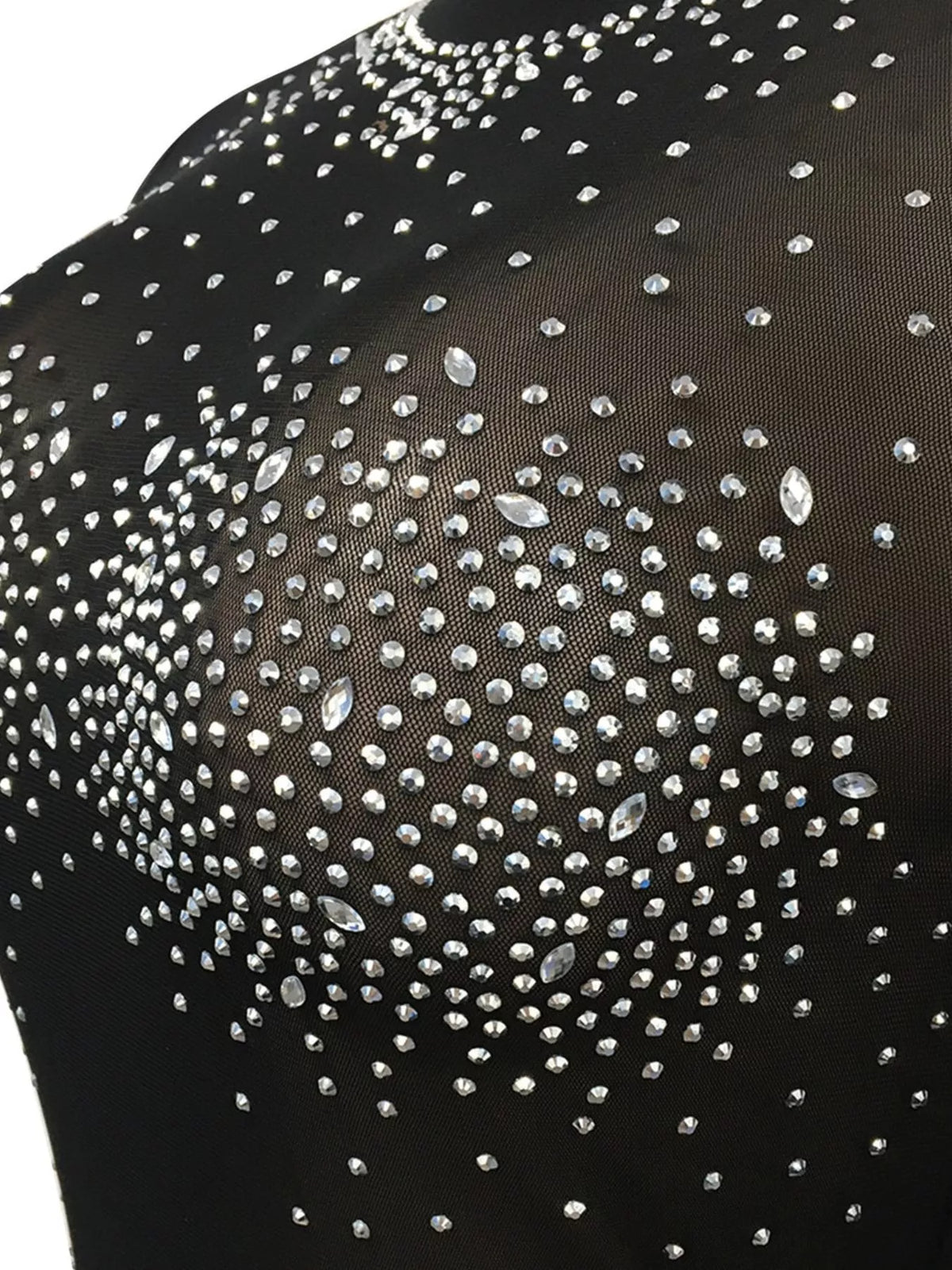 Sheer Rhinestone Embellished Long Sleeve Romper, detail view in black